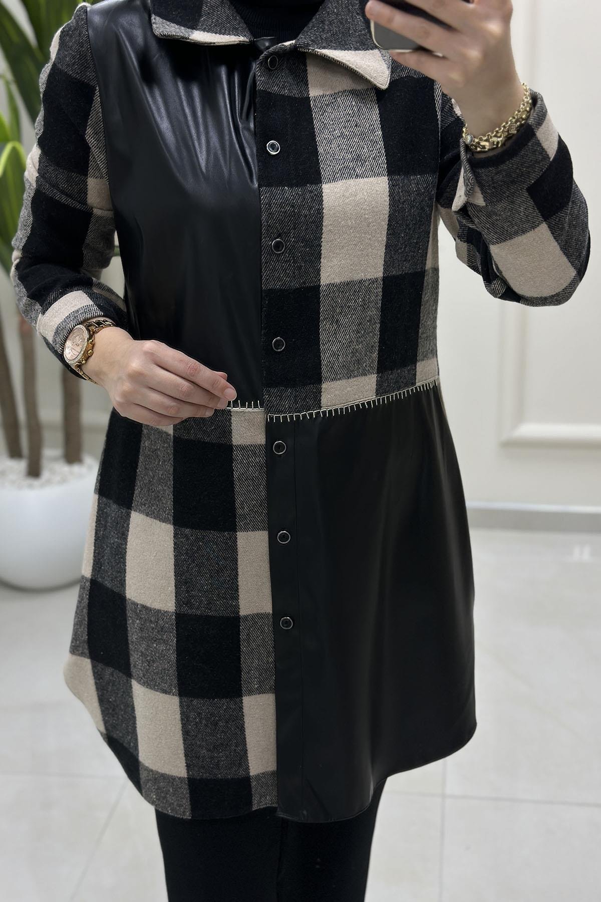 Tesettür Tunik GömlekEkose Deri Garnili Önü Düğmeli Kadın Tunik Siyah QTN 4958