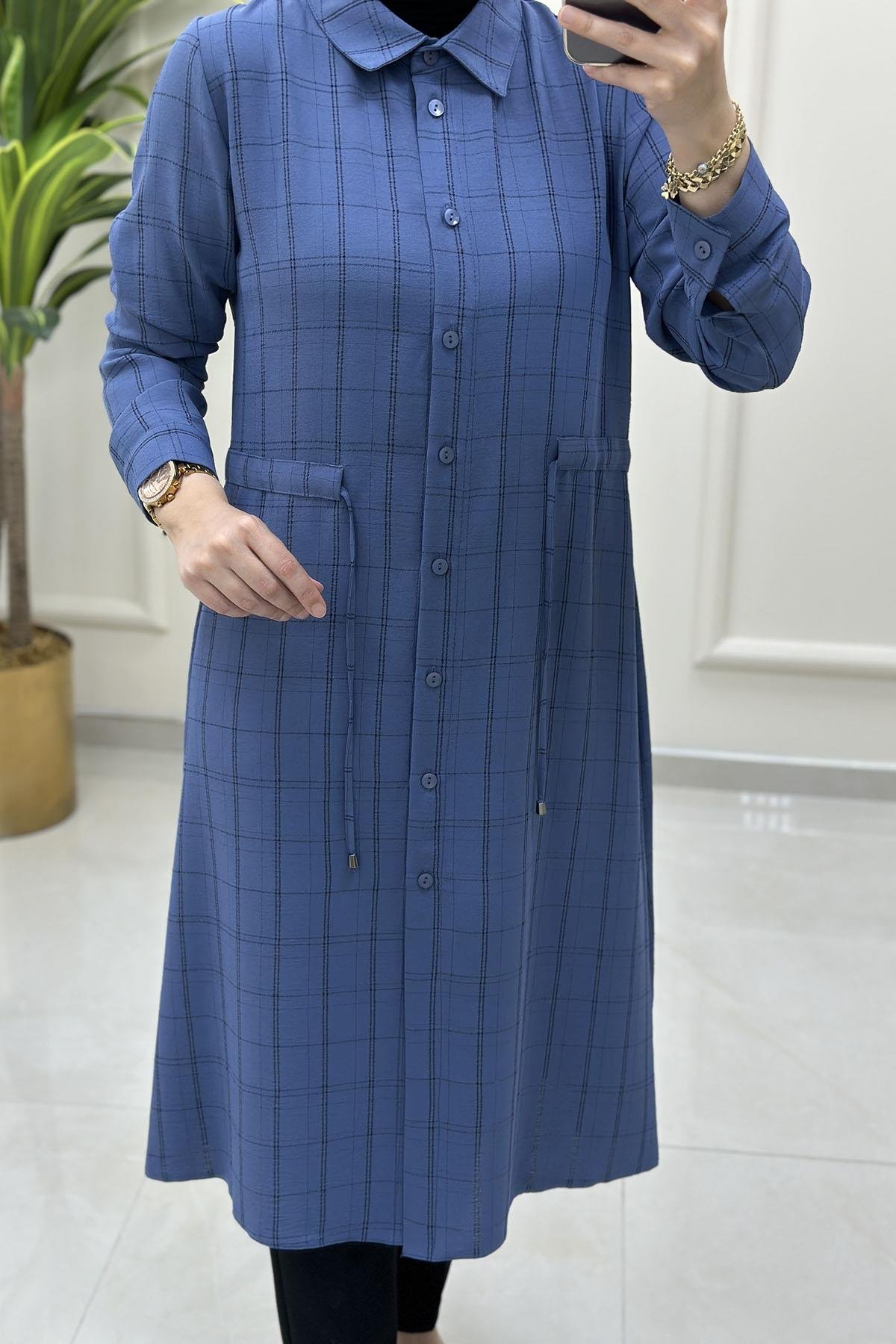 Tesettür Tunik GömlekEkose Desen Beli Büzgülü Kadın Tunik İndigo QTN 2937
