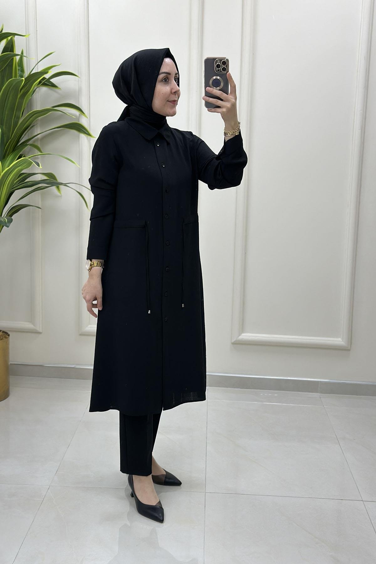 Tesettür Tunik GömlekEkose Desen Beli Büzgülü Kadın Tunik Siyah QTN 2937