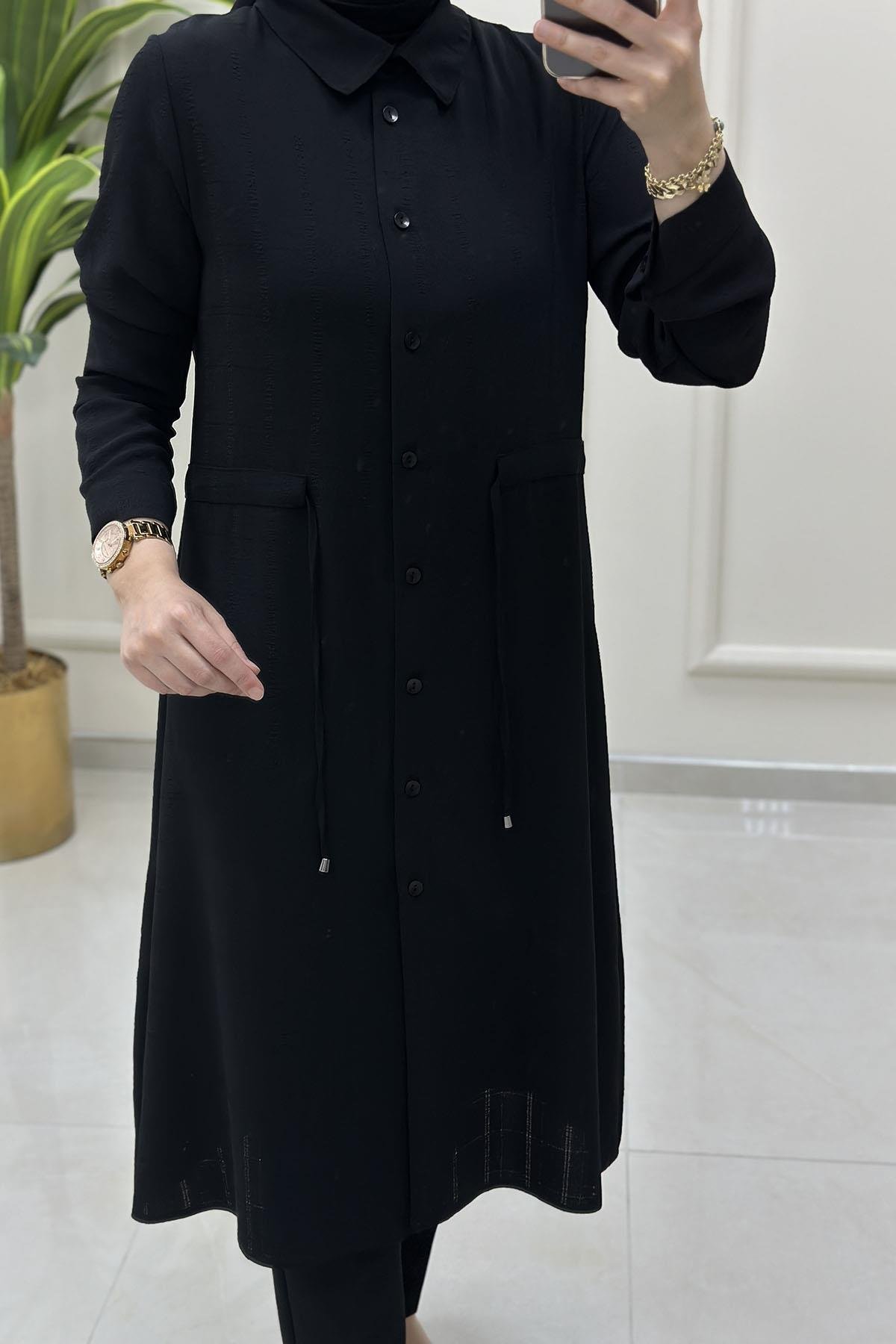 Tesettür Tunik GömlekEkose Desen Beli Büzgülü Kadın Tunik Siyah QTN 2937