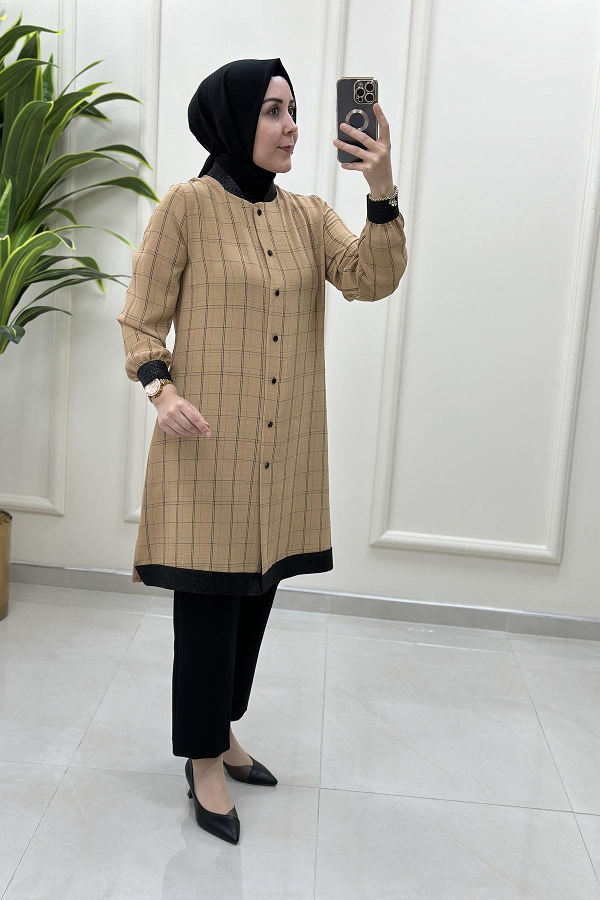 Tesettür Tunik GömlekEkose Desen Ribana Detaylı Kadın Tunik Camel QTN 2905