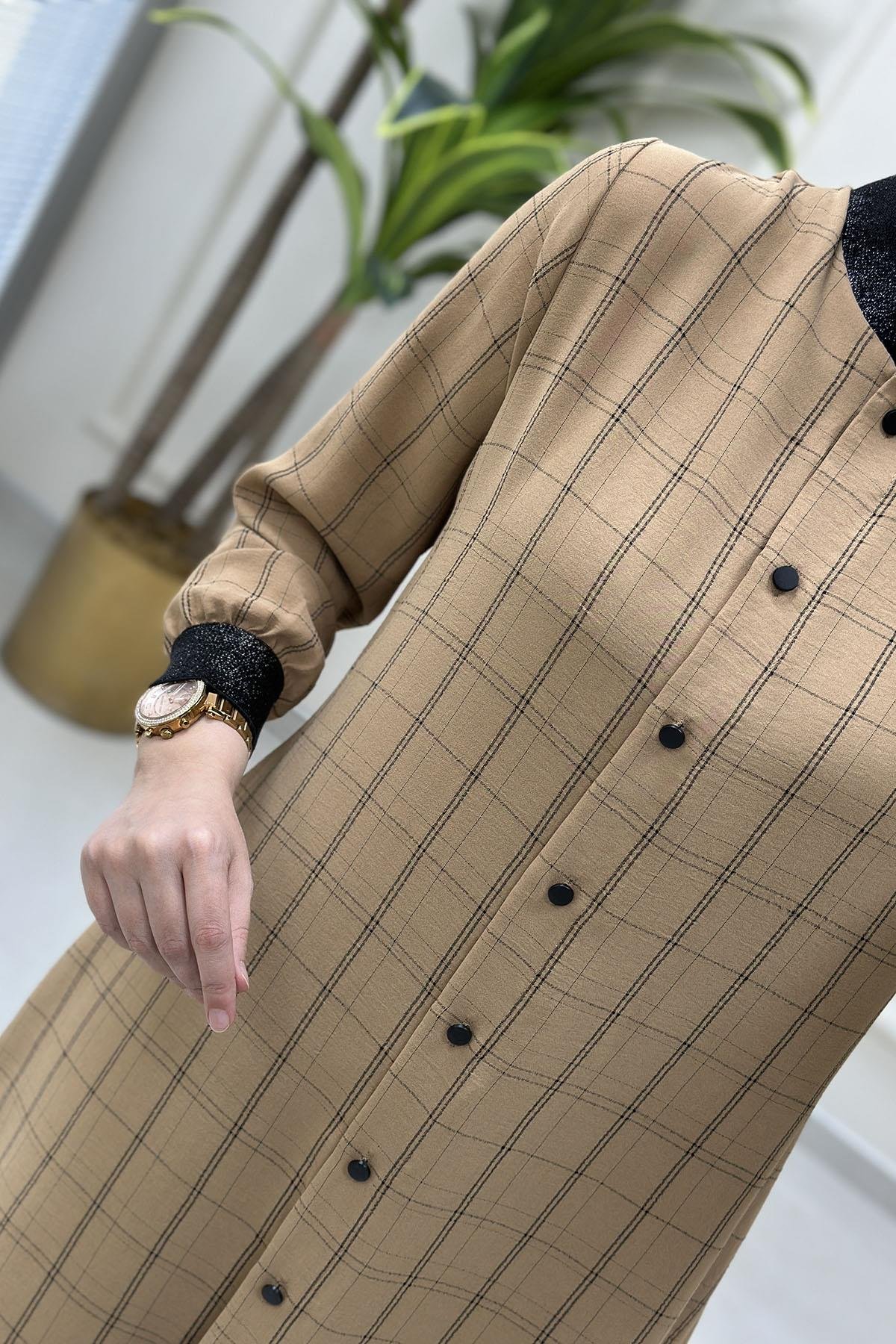 Tesettür Tunik GömlekEkose Desen Ribana Detaylı Kadın Tunik Camel QTN 2905