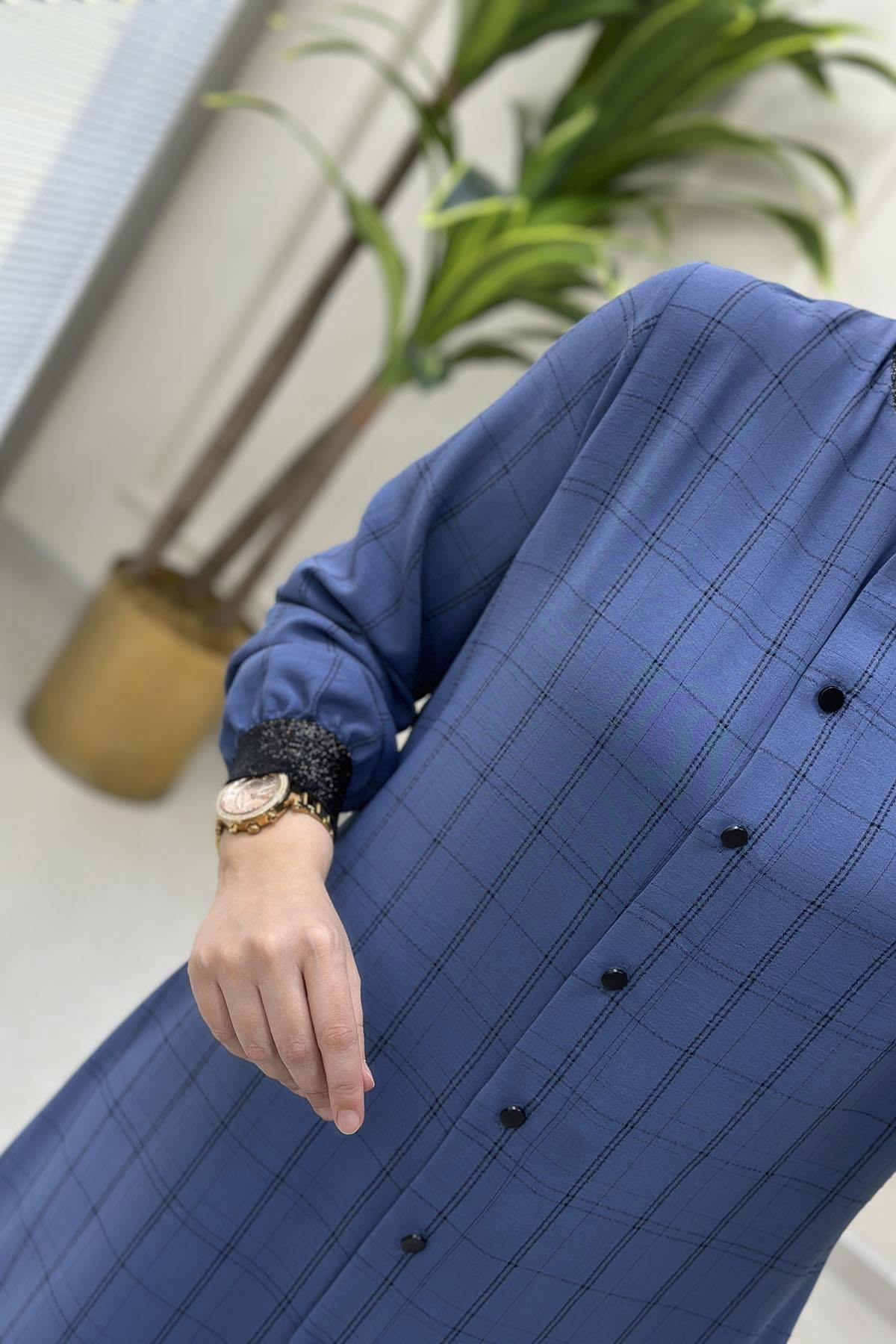 Tesettür Tunik GömlekEkose Desen Ribana Detaylı Kadın Tunik İndigo QTN 2905