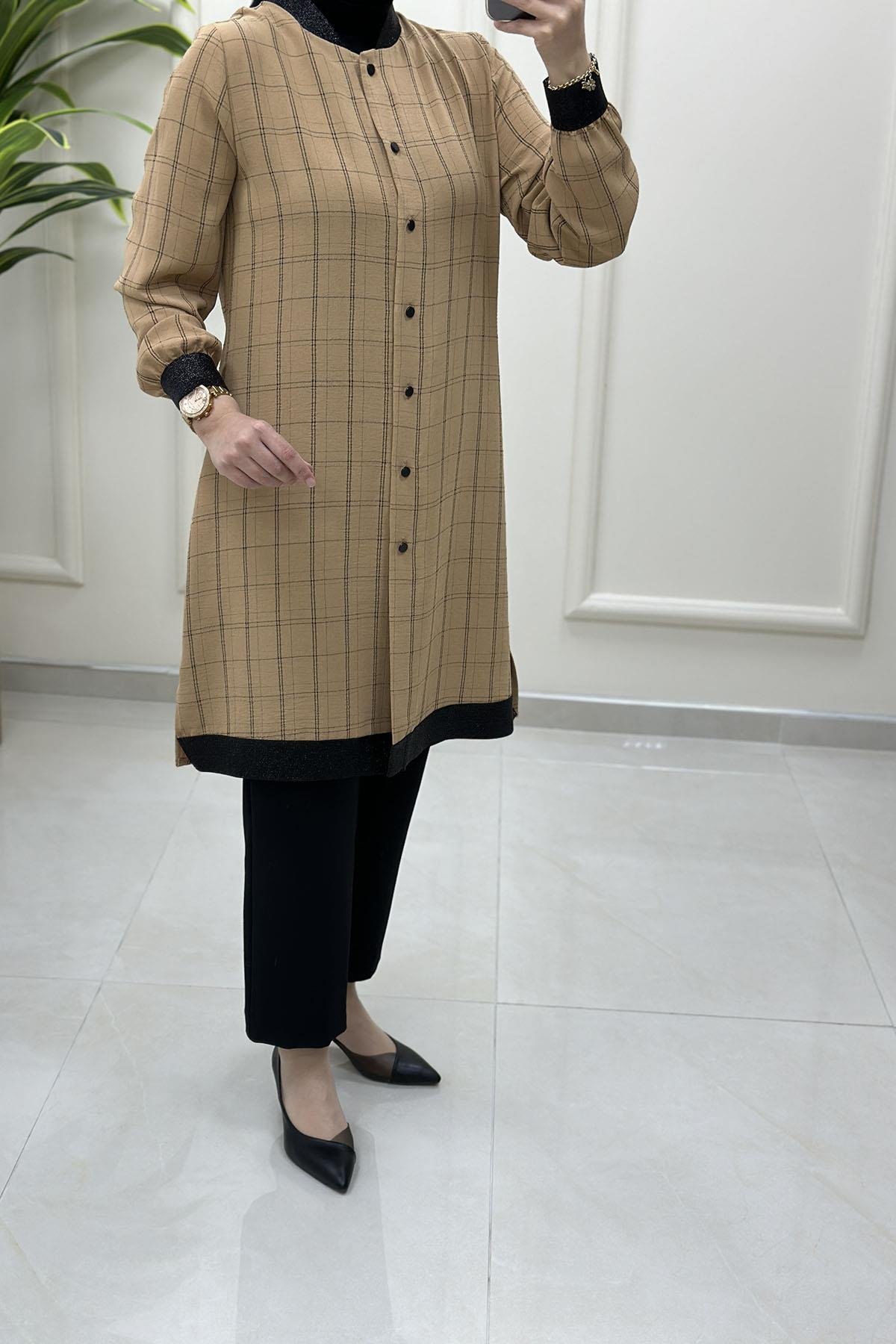 Tesettür Tunik GömlekEkose Desen Ribana Detaylı Kadın Tunik Camel QTN 2905