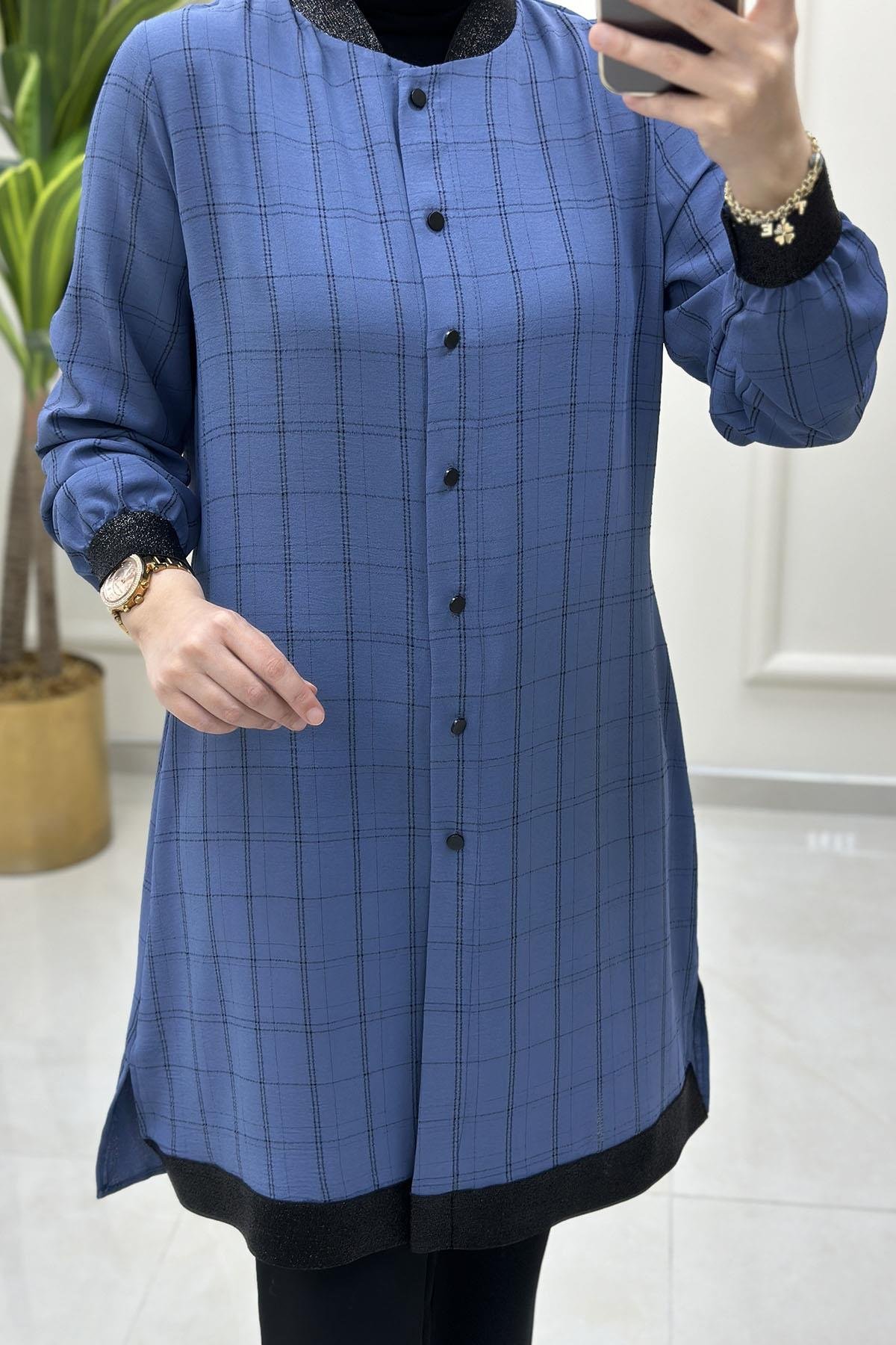 Tesettür Tunik GömlekEkose Desen Ribana Detaylı Kadın Tunik İndigo QTN 2905