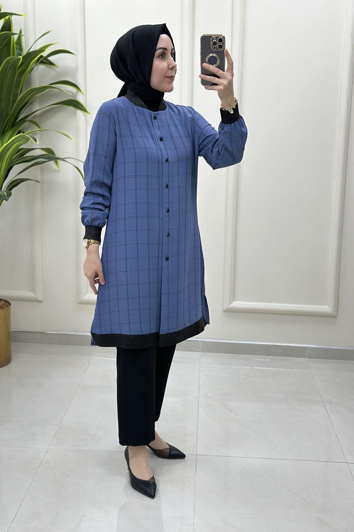 Tesettür Tunik GömlekEkose Desen Ribana Detaylı Kadın Tunik İndigo QTN 2905