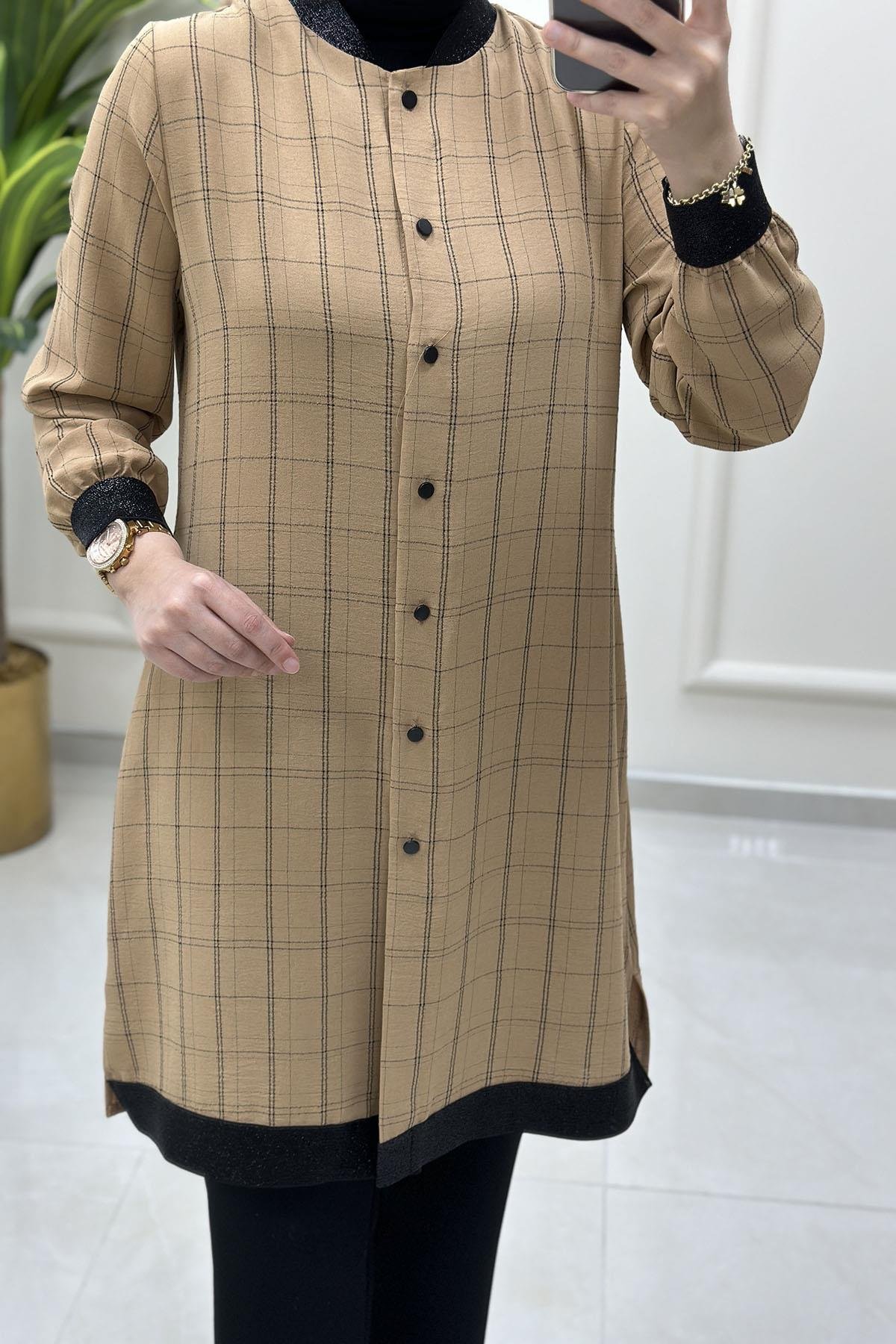 Tesettür Tunik GömlekEkose Desen Ribana Detaylı Kadın Tunik Camel QTN 2905