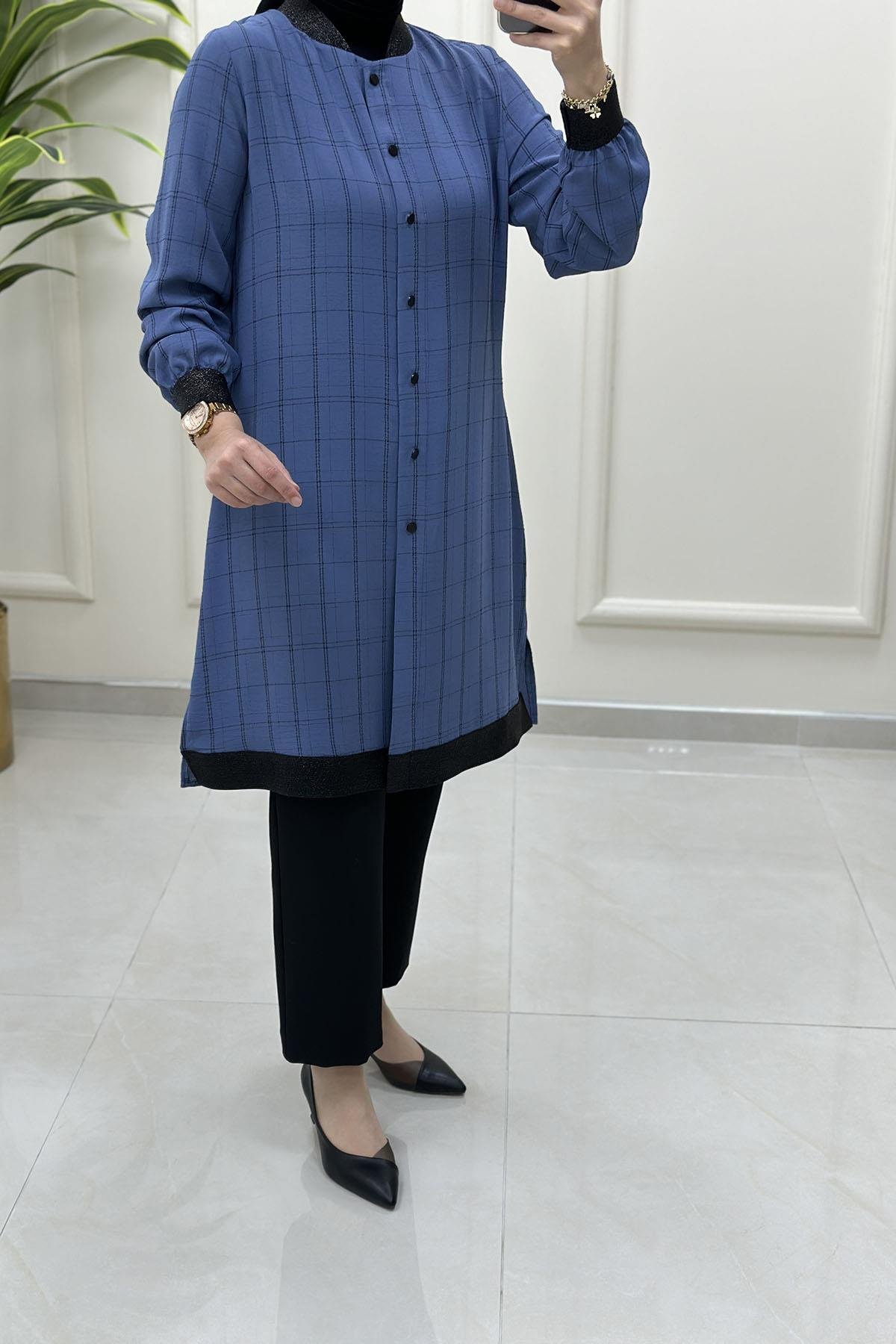 Tesettür Tunik GömlekEkose Desen Ribana Detaylı Kadın Tunik İndigo QTN 2905