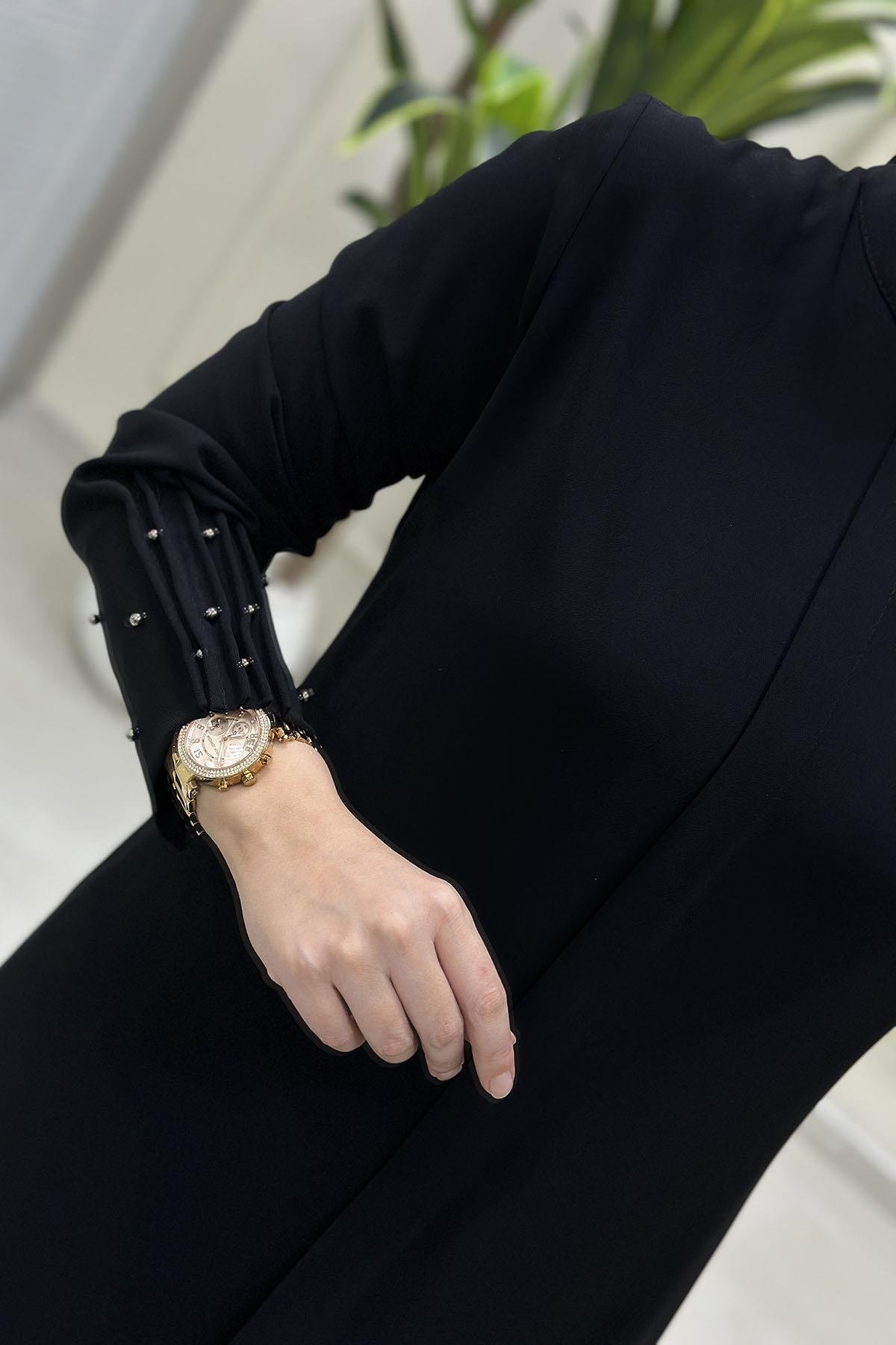 Tesettür Tunik GömlekHakim Yaka Kol Çimalı İncili Kadın Krep Tunik Siyah HYA 1590