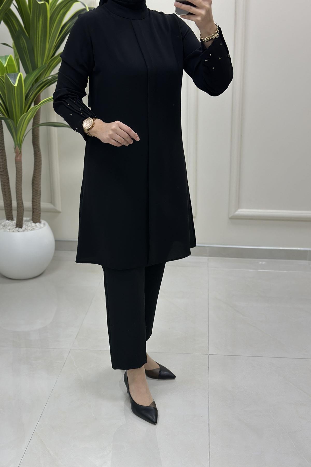Tesettür Tunik GömlekHakim Yaka Kol Çimalı İncili Kadın Krep Tunik Siyah HYA 1590