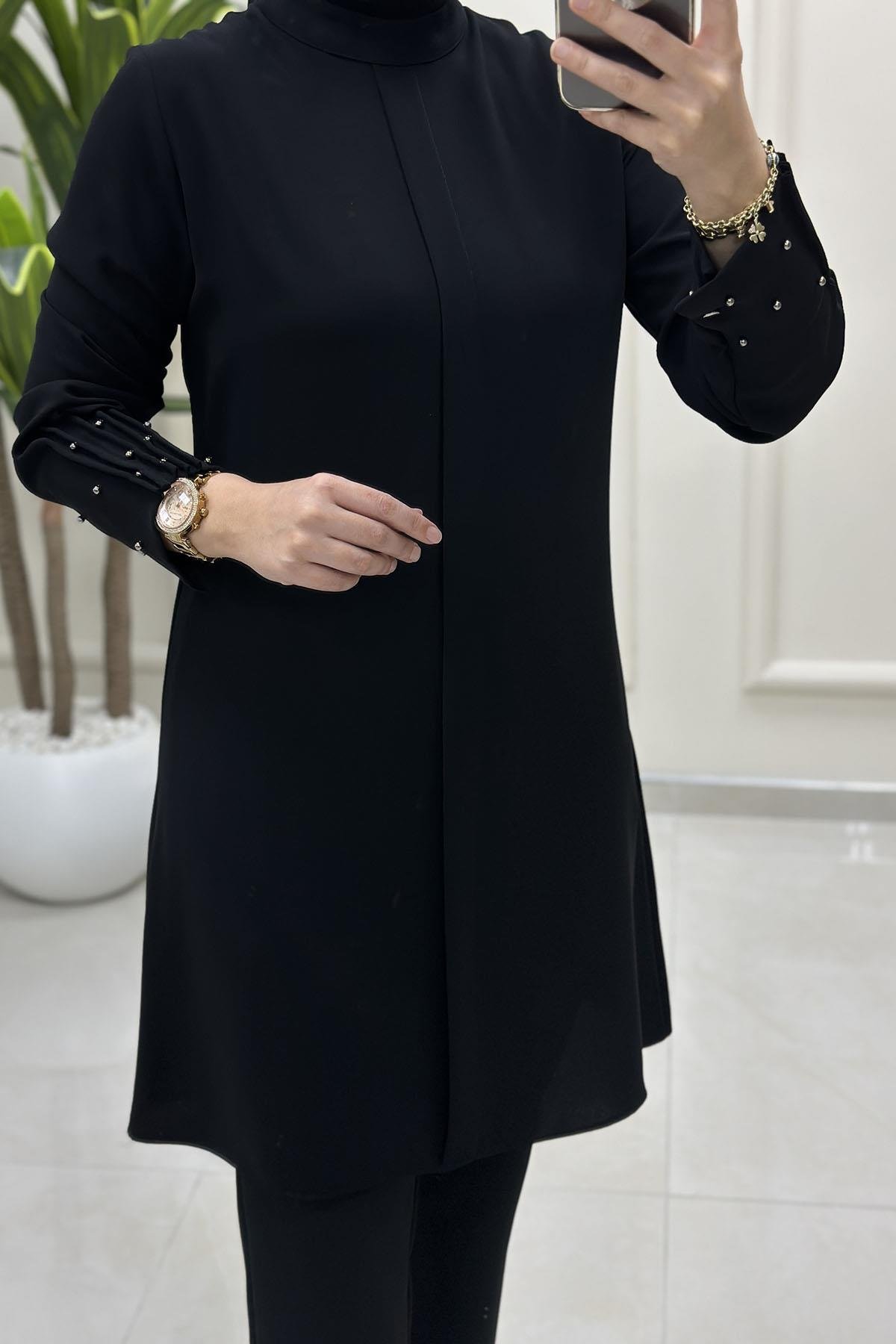 Tesettür Tunik GömlekHakim Yaka Kol Çimalı İncili Kadın Krep Tunik Siyah HYA 1590