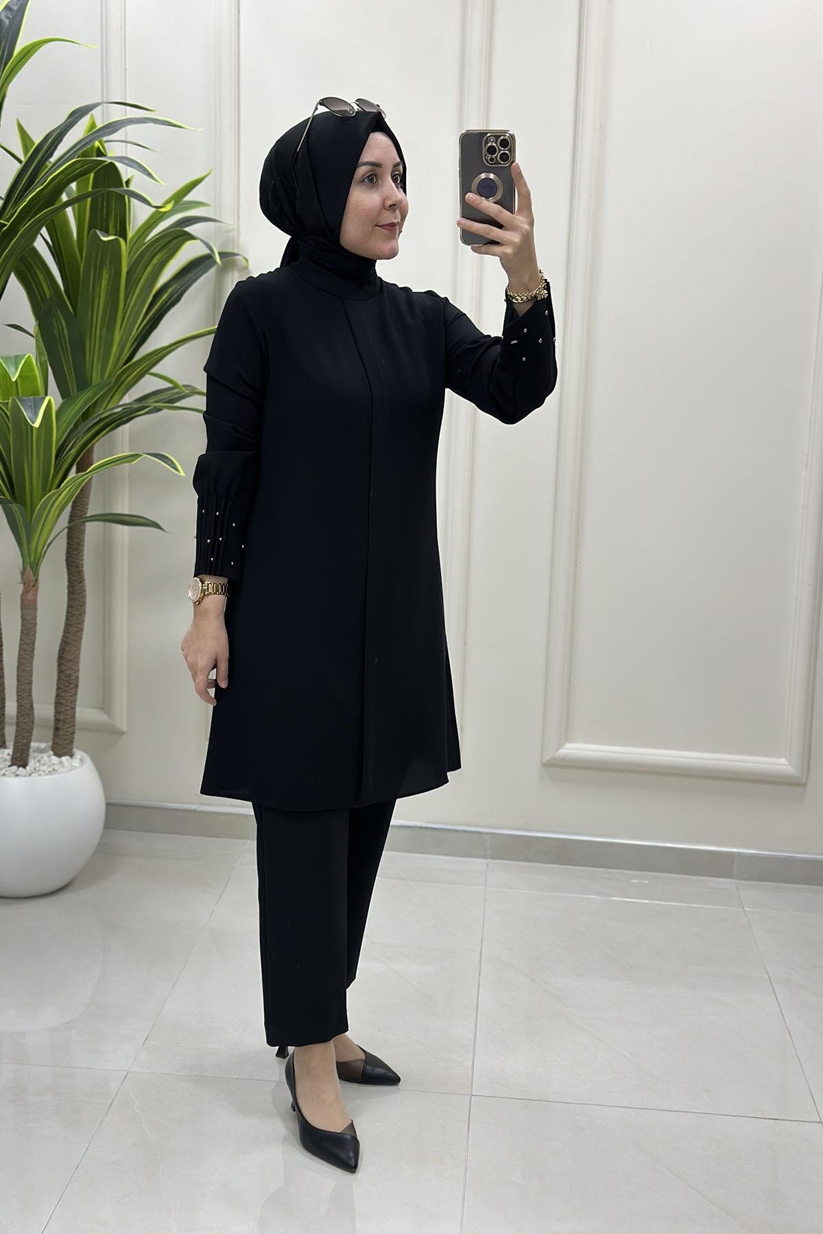 Tesettür Tunik GömlekHakim Yaka Kol Çimalı İncili Kadın Krep Tunik Siyah HYA 1590