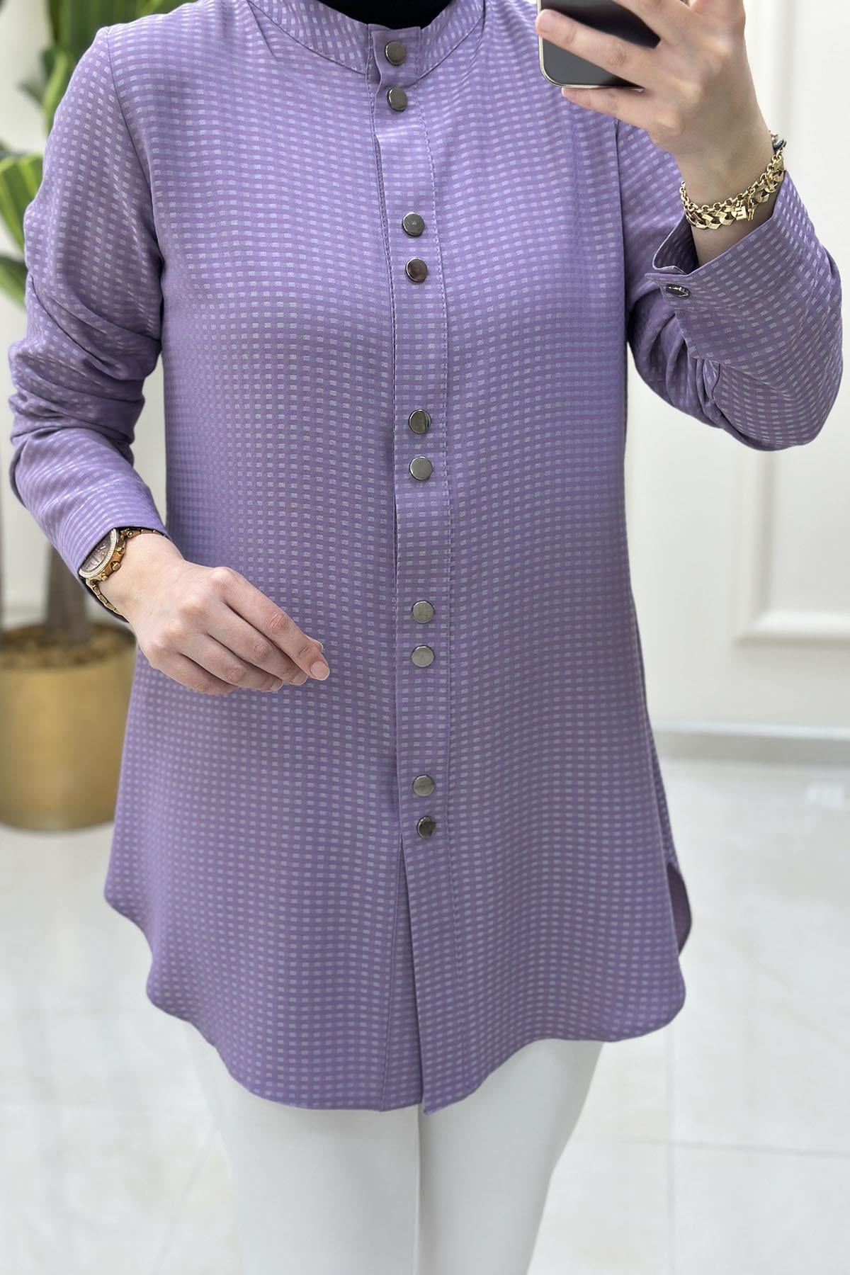 Tesettür Tunik GömlekHakim Yaka Önü Çıtçıtlı Kadın Tunik Mor QTN 2903