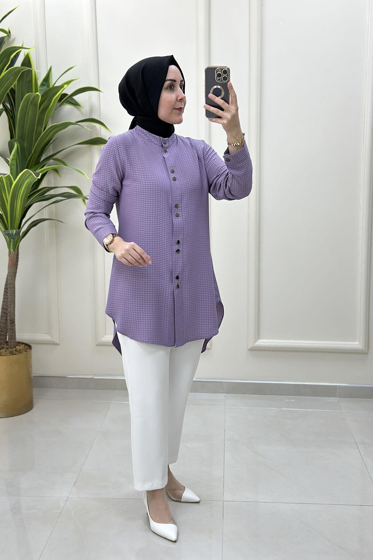 Tesettür Tunik GömlekHakim Yaka Önü Çıtçıtlı Kadın Tunik Mor QTN 2903