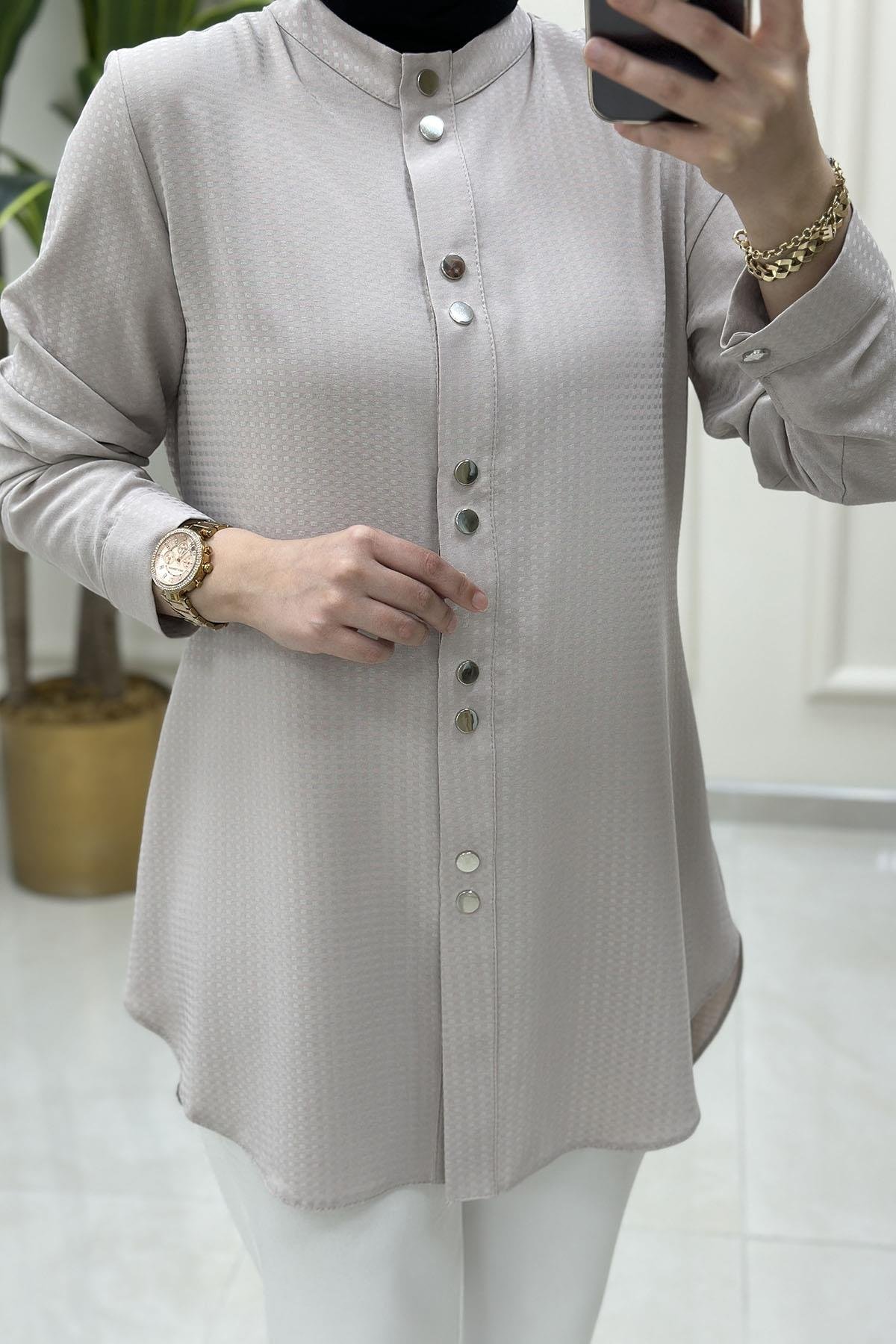 Tesettür Tunik GömlekHakim Yaka Önü Çıtçıtlı Kadın Tunik Vizon QTN 2903