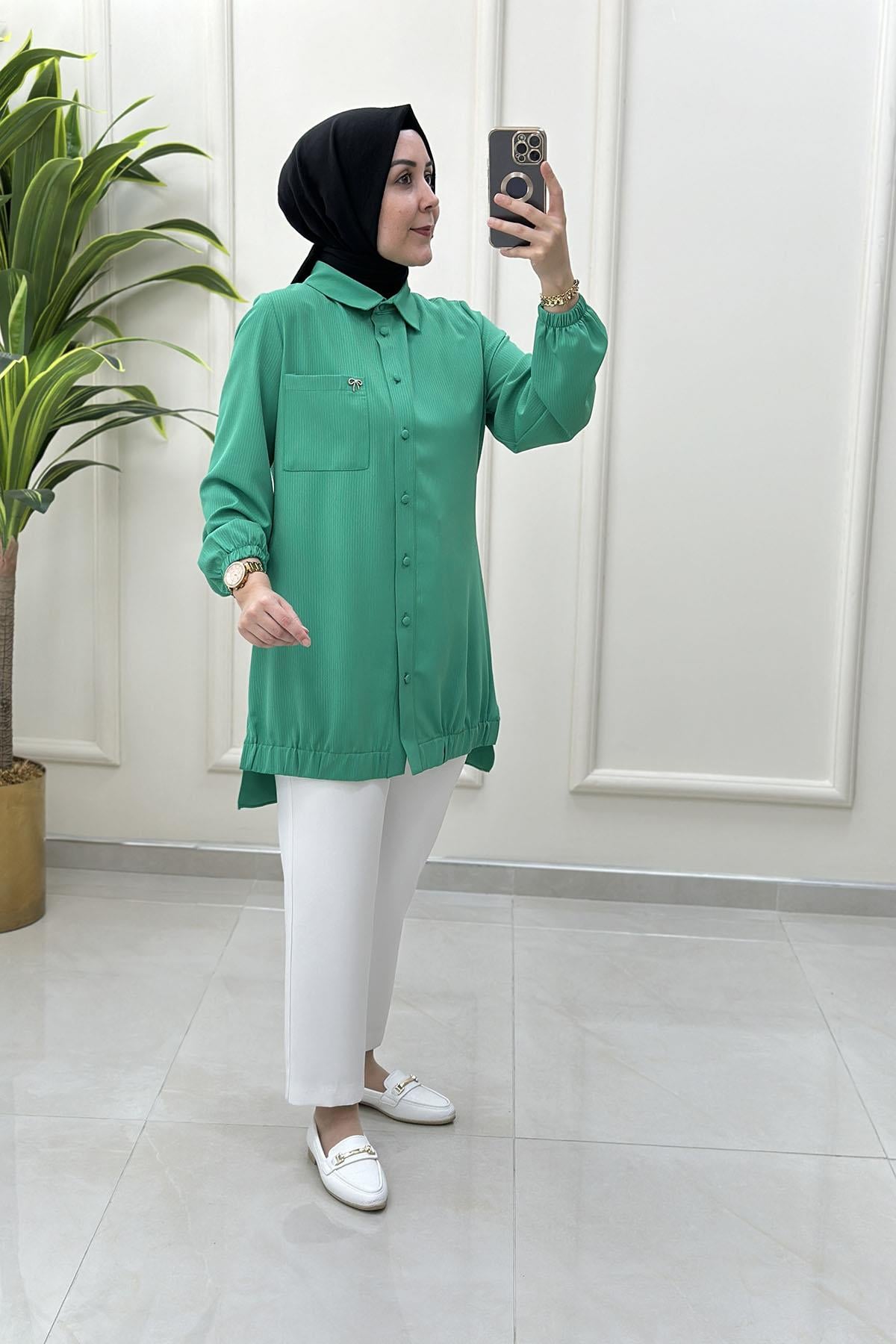 Tesettür Tunik GömlekKendinden Çizgili Cep Aksesuar Detaylı Kadın Tunik Benetton Yeşili QTN 2945
