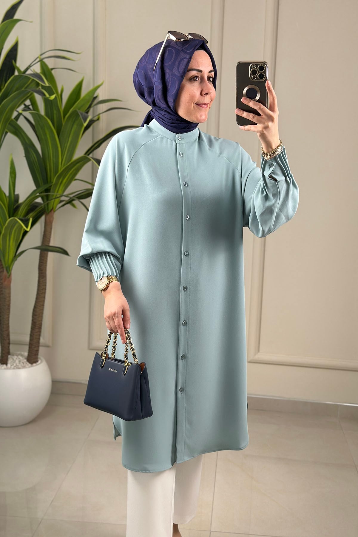 Tesettür Tunik GömlekKolu Nervürlü Önü Düğmeli Kadın Tunik Mint Yeşili  EYL 1176