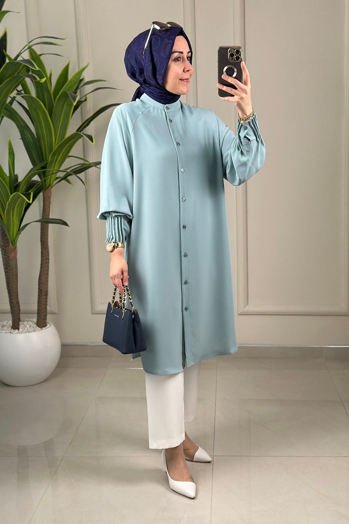 Tesettür Tunik GömlekKolu Nervürlü Önü Düğmeli Kadın Tunik Mint Yeşili  EYL 1176