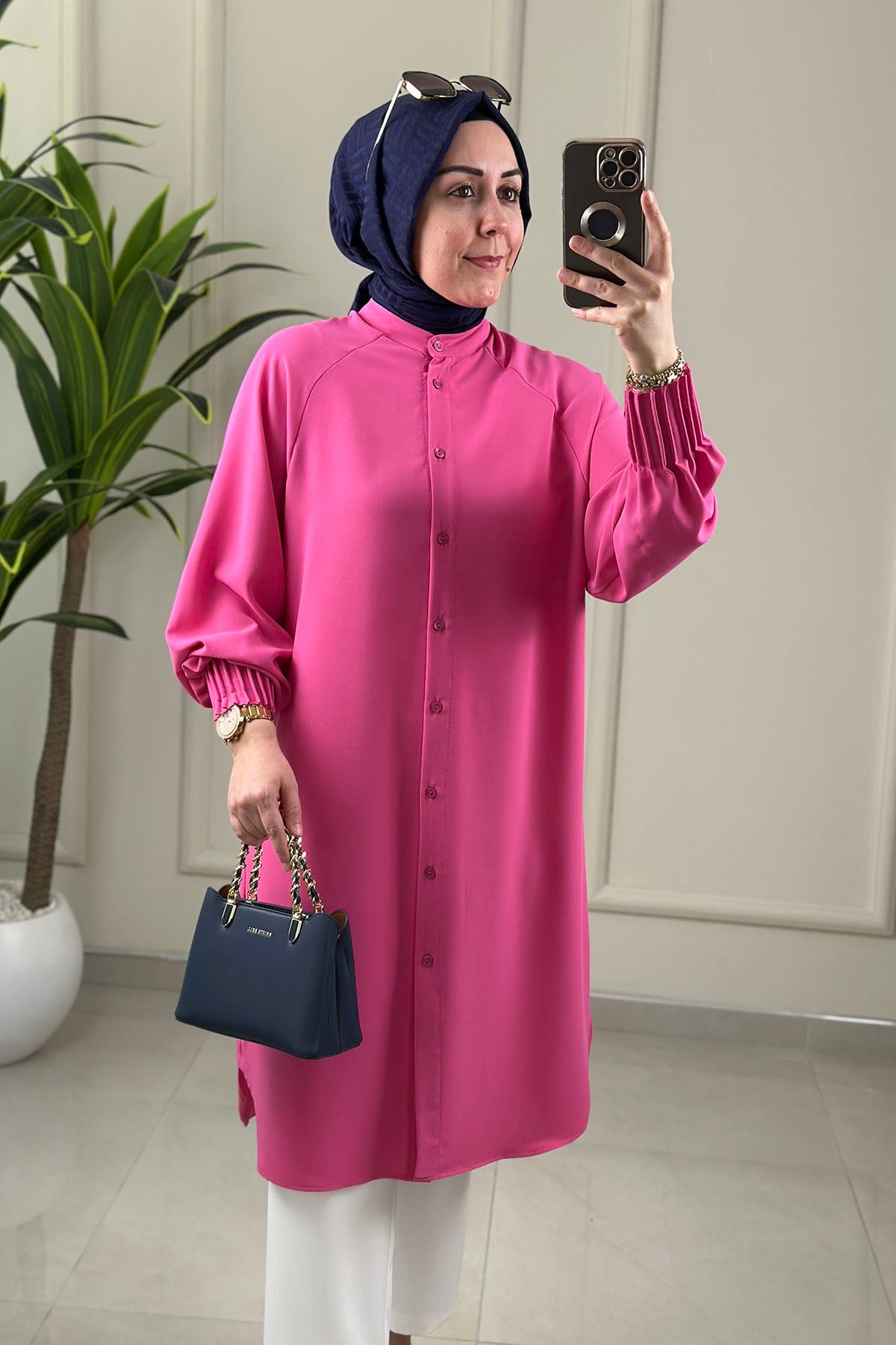 Tesettür Tunik GömlekKolu Nervürlü Önü Düğmeli Kadın Tunik Pembe  EYL 1176
