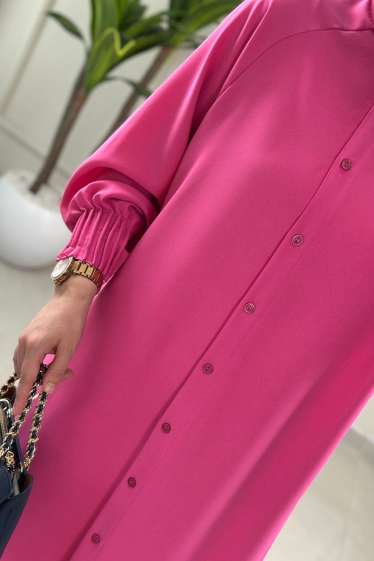 Tesettür Tunik GömlekKolu Nervürlü Önü Düğmeli Kadın Tunik Pembe  EYL 1176