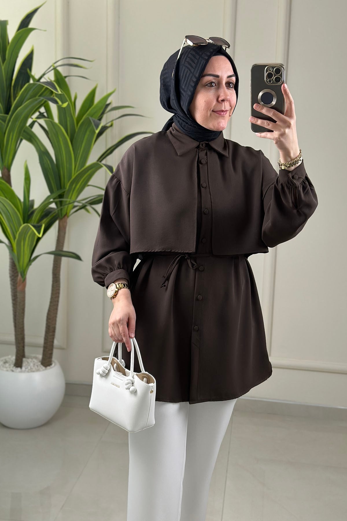 Tesettür Tunik GömlekÖnü Allerli Beli İpli Düğmeli Kadın Tunik Kahverengi EYL 1869
