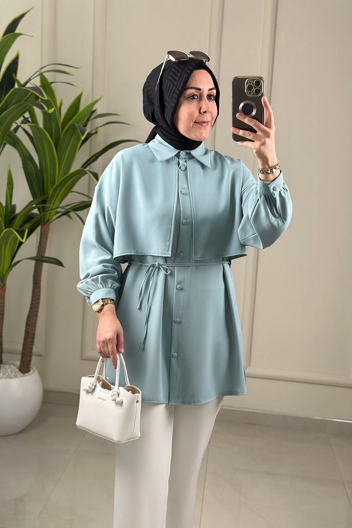 Tesettür Tunik GömlekÖnü Allerli Beli İpli Düğmeli Kadın Tunik Turkuaz EYL 1869