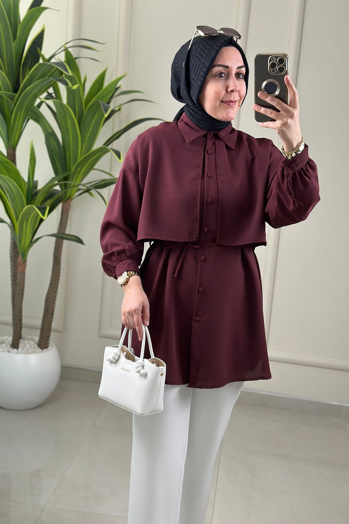 Tesettür Tunik GömlekÖnü Allerli Beli İpli Düğmeli Kadın Tunik Bordo EYL 1869