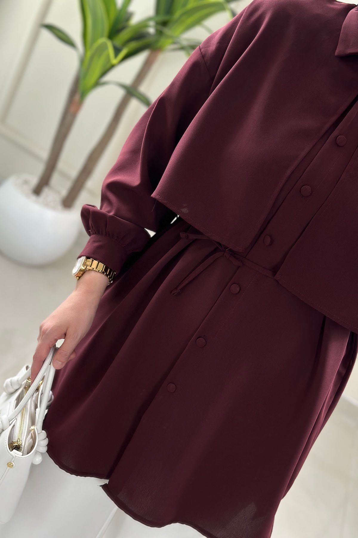 Tesettür Tunik GömlekÖnü Allerli Beli İpli Düğmeli Kadın Tunik Bordo EYL 1869