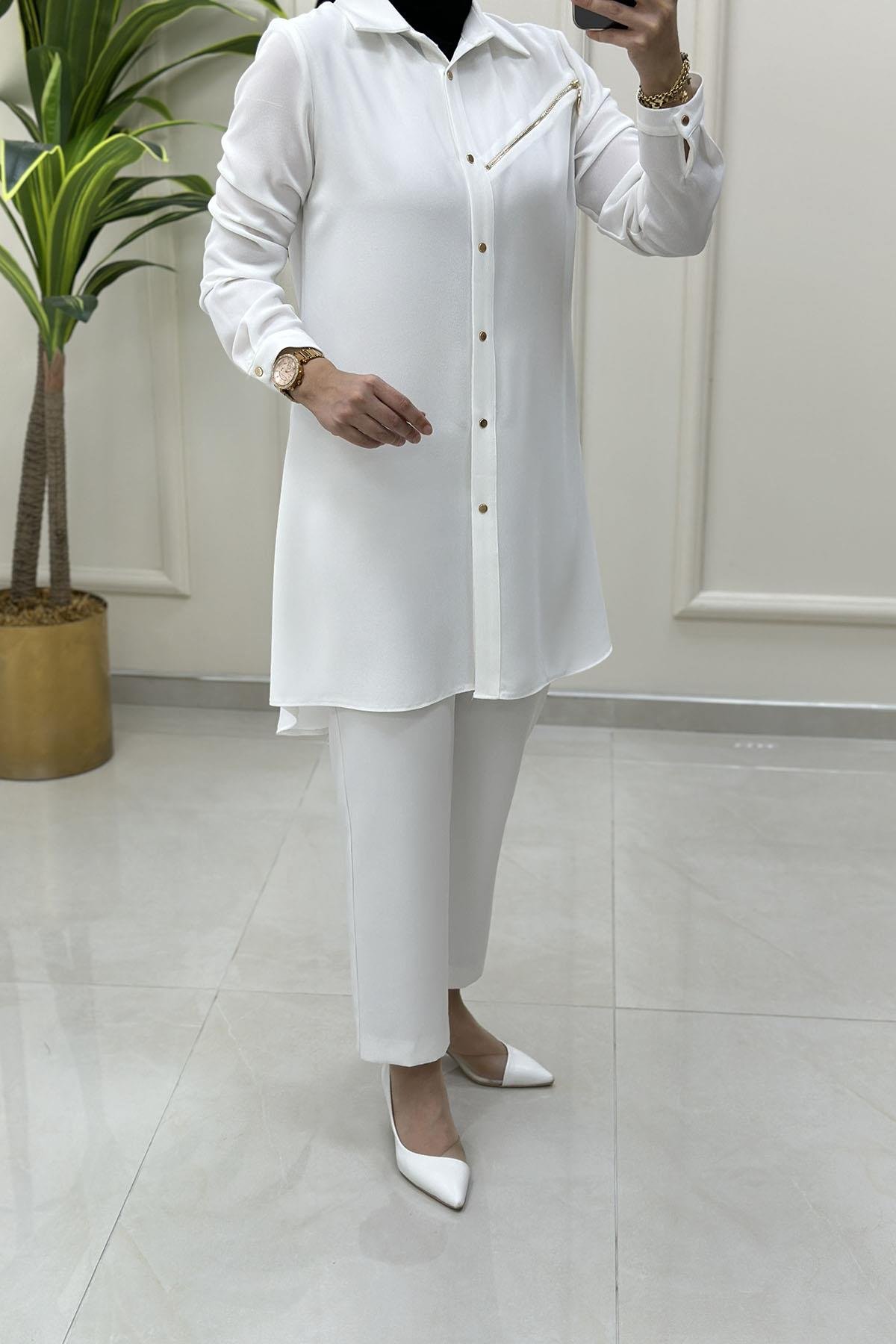 Tesettür Tunik GömlekÖnü Çıtçıtlı Arkası Fermuar Detaylı Kadın Tunik Beyaz HYA 1584