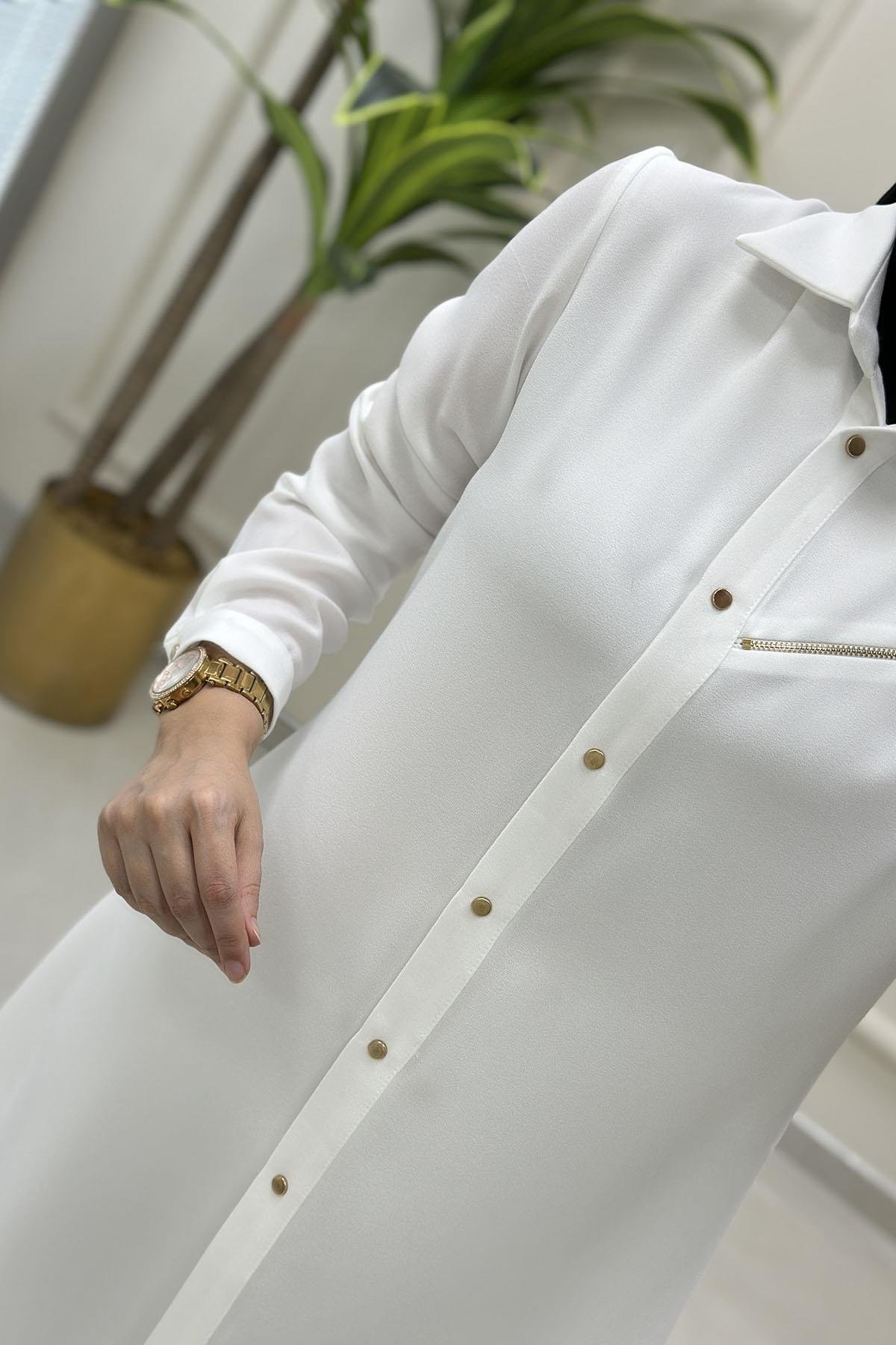 Tesettür Tunik GömlekÖnü Çıtçıtlı Arkası Fermuar Detaylı Kadın Tunik Beyaz HYA 1584