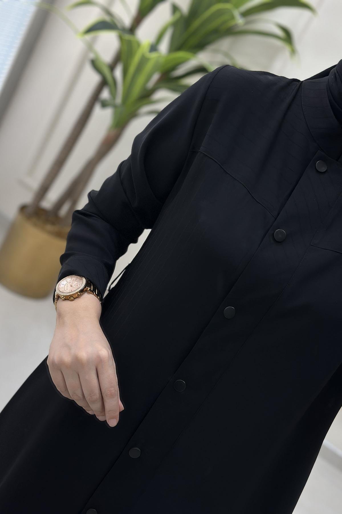 Tesettür Tunik GömlekÖnü Çıtçıtlı Beli Kemer Detaylı Kadın Tunik Siyah QTN 2904