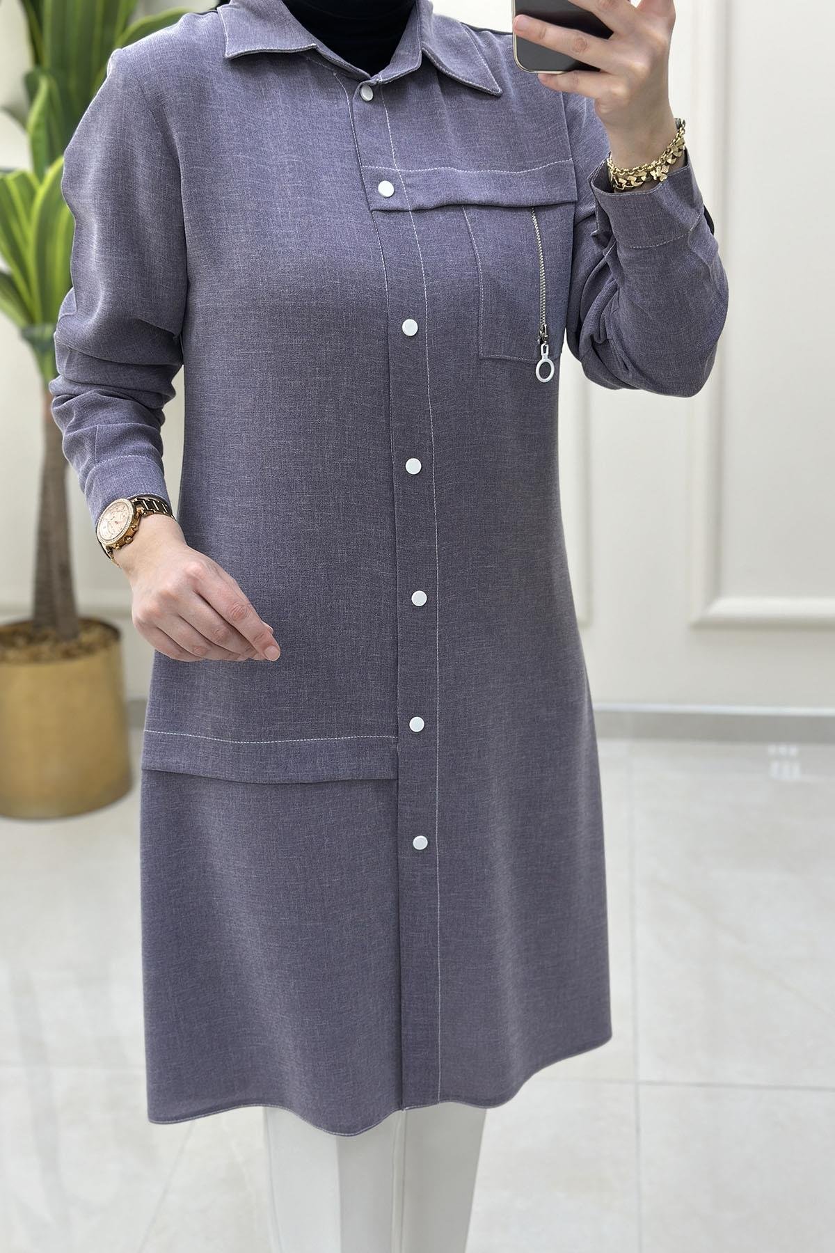 Tesettür Tunik GömlekÖnü Çıtçıtlı Fermuar Aksesuarlı Kadın Tunik Mor SFF 1405