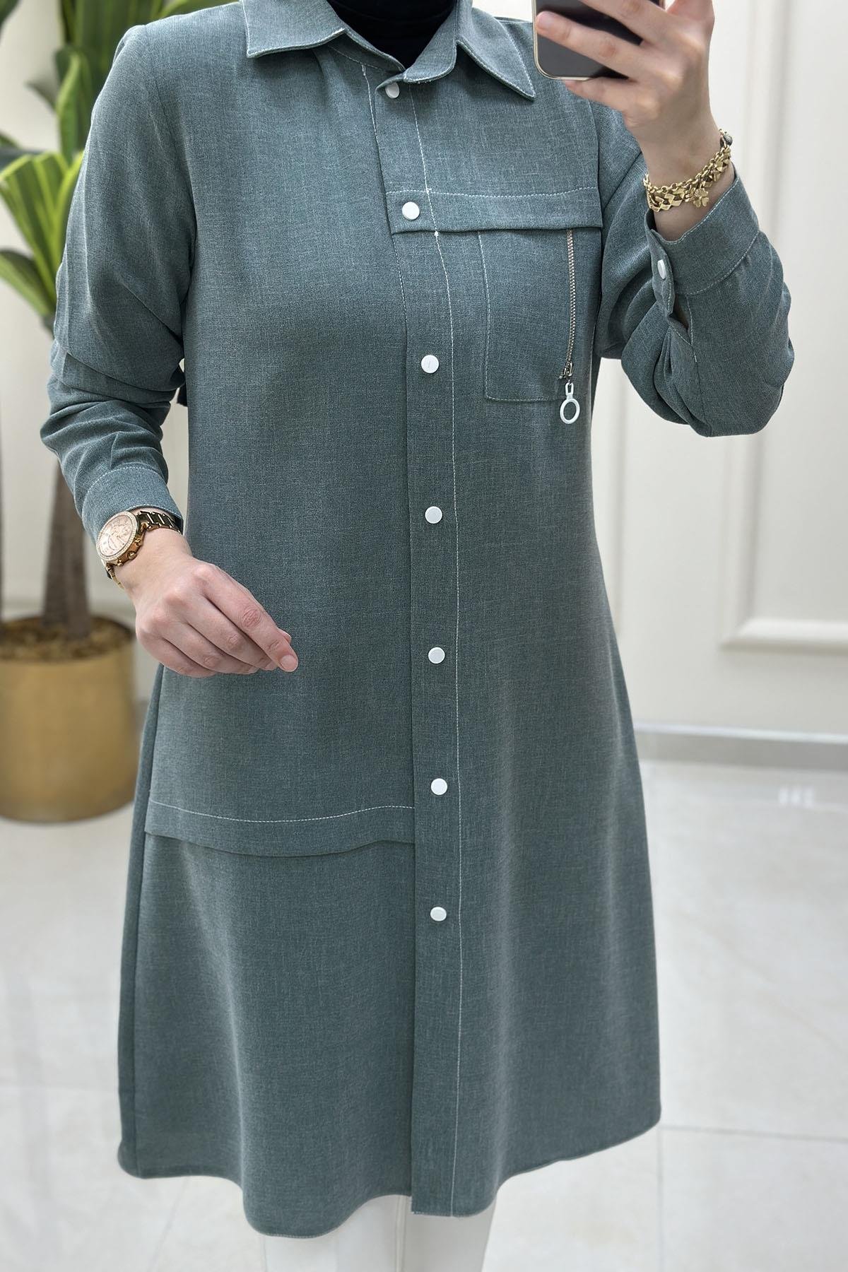 Tesettür Tunik GömlekÖnü Çıtçıtlı Fermuar Aksesuarlı Kadın Tunik Yeşil SFF 1405