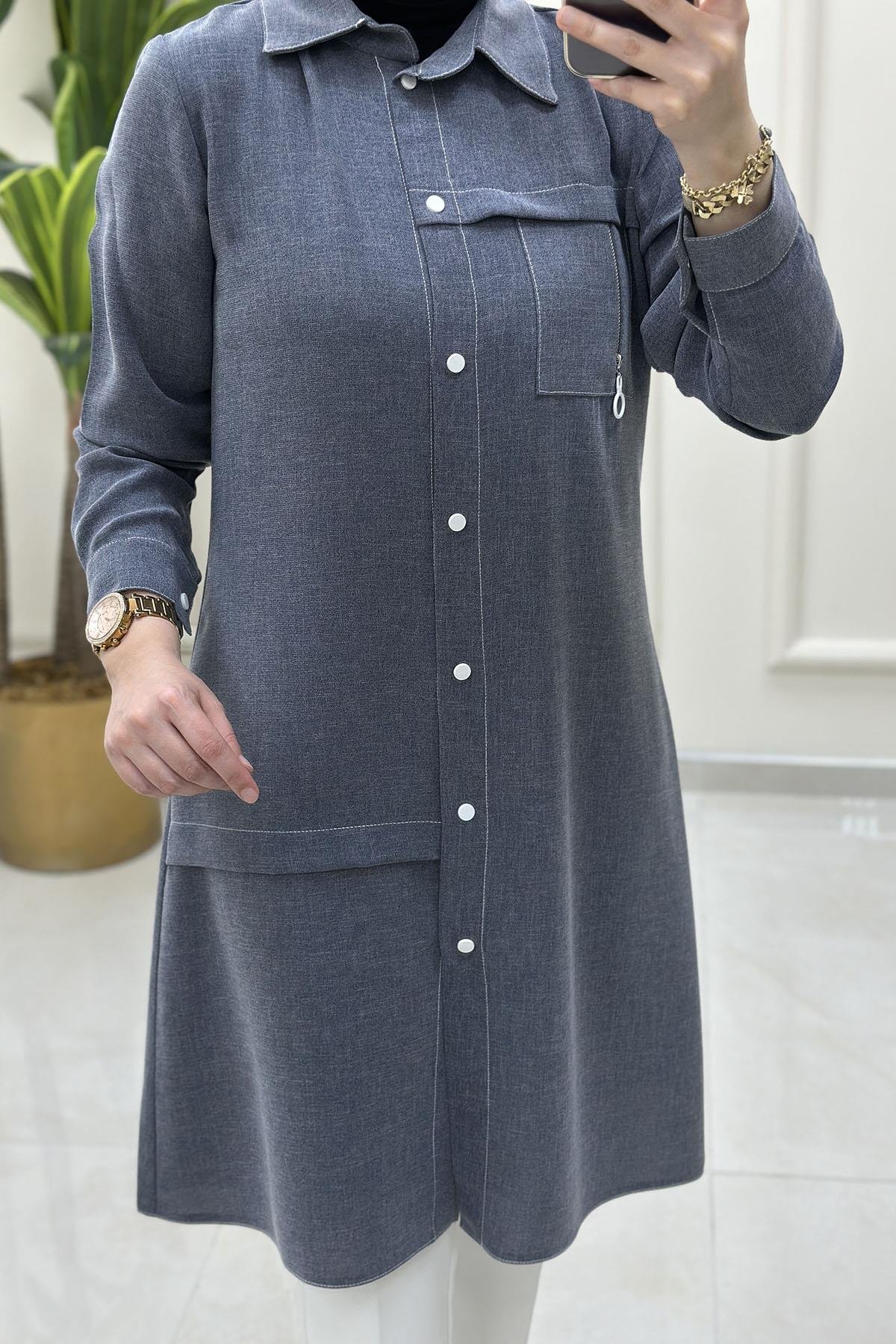 Tesettür Tunik GömlekÖnü Çıtçıtlı Fermuar Aksesuarlı Kadın Tunik Gri SFF 1405