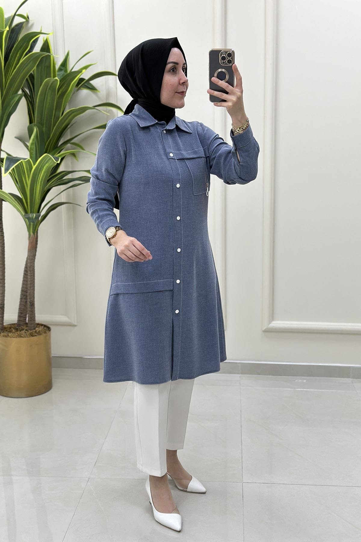 Tesettür Tunik GömlekÖnü Çıtçıtlı Fermuar Aksesuarlı Kadın Tunik Mavi SFF 1405