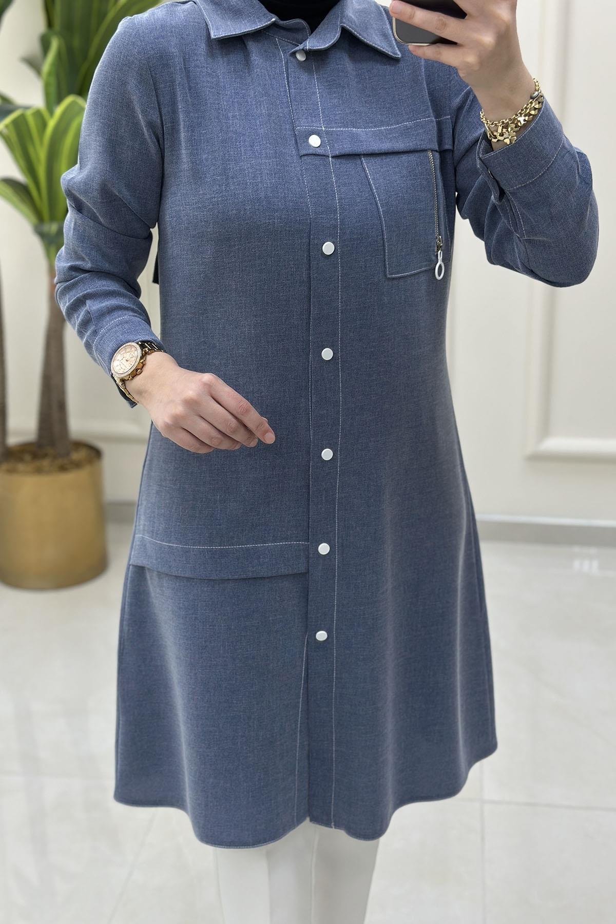 Tesettür Tunik GömlekÖnü Çıtçıtlı Fermuar Aksesuarlı Kadın Tunik Mavi SFF 1405