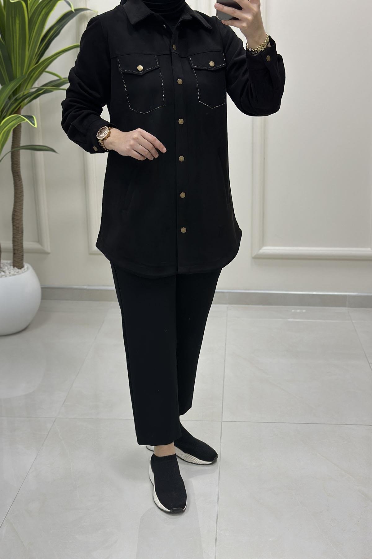 Tesettür Tunik GömlekÖnü Çıtçıtlı Kapak Cep Taş Detaylı Kadın Süet Ceket Siyah BRL 7213