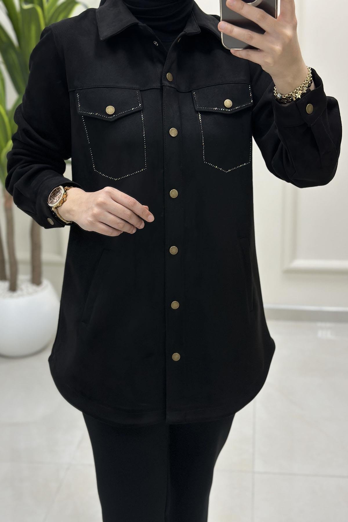 Tesettür Tunik GömlekÖnü Çıtçıtlı Kapak Cep Taş Detaylı Kadın Süet Ceket Siyah BRL 7213