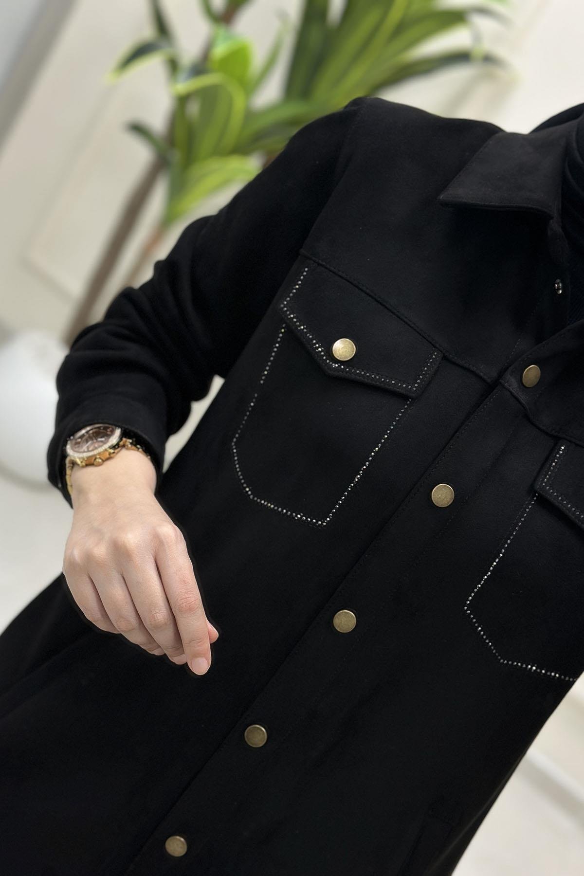 Tesettür Tunik GömlekÖnü Çıtçıtlı Kapak Cep Taş Detaylı Kadın Süet Ceket Siyah BRL 7213