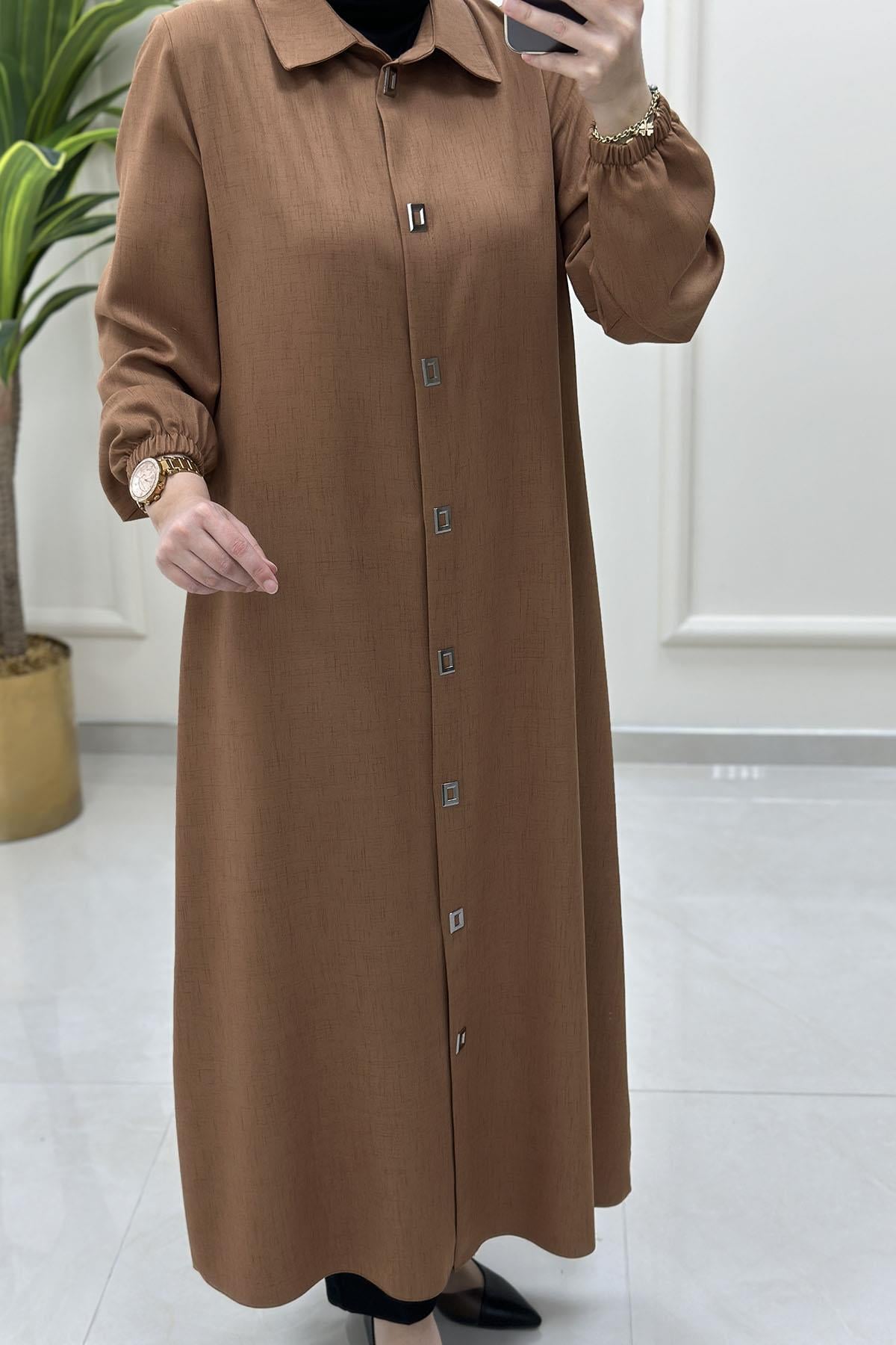 Tesettür Tunik GömlekÖnü Çıtçıtlı Kolu Büzgülü Uzun Kadın Giyçık Tunik Taba QTN 4928