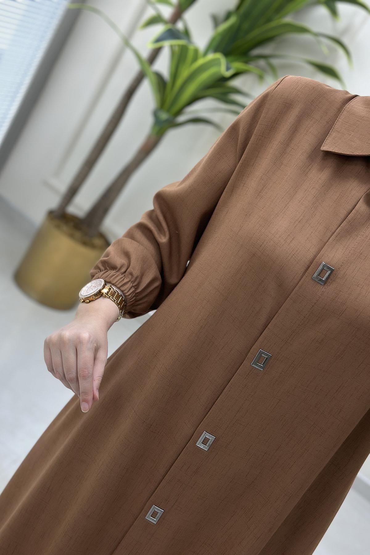 Tesettür Tunik GömlekÖnü Çıtçıtlı Kolu Büzgülü Uzun Kadın Giyçık Tunik Taba QTN 4928