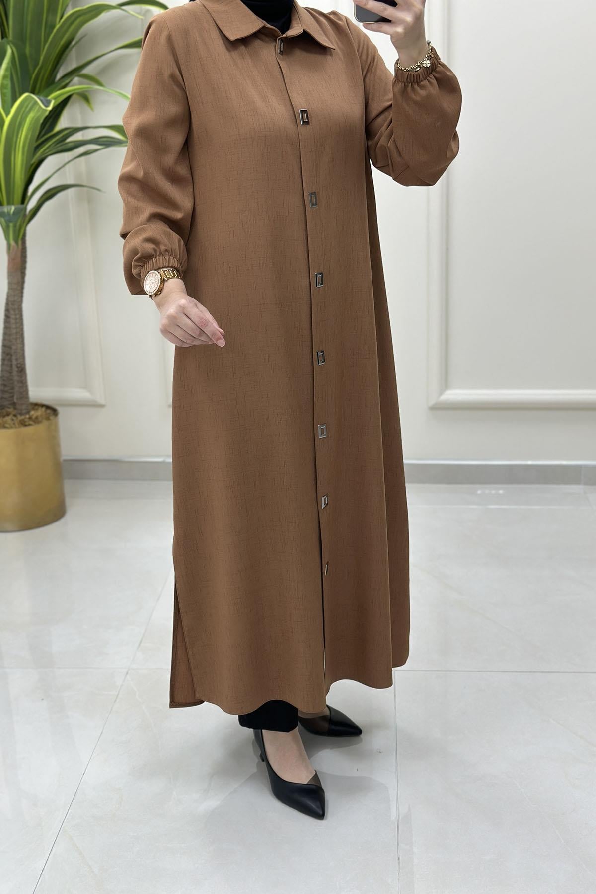 Tesettür Tunik GömlekÖnü Çıtçıtlı Kolu Büzgülü Uzun Kadın Giyçık Tunik Taba QTN 4928