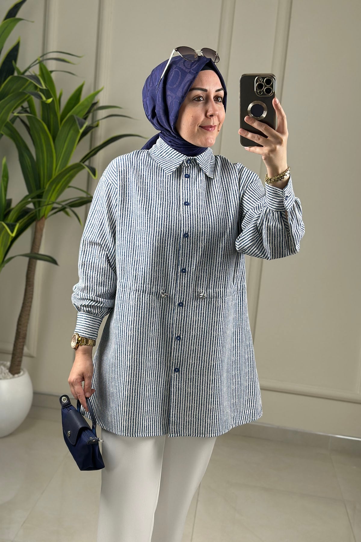 Tesettür Tunik GömlekÖnü Düğmeli Beli Büzgülü Çizgi Desen Kadın Giyçık Tunik Mavi ALS 5333
