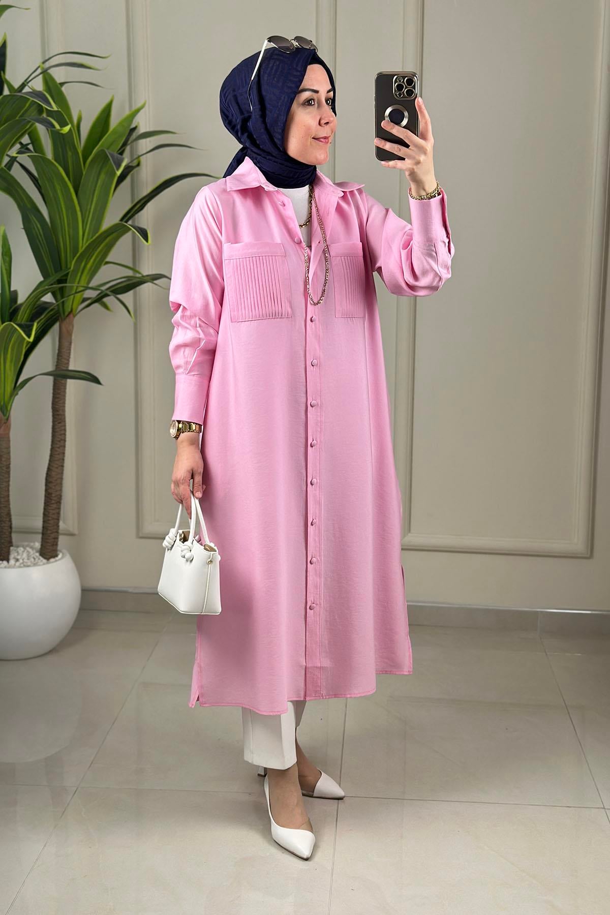 Tesettür Tunik GömlekÖnü Düğmeli Cebi Nervürlü Modal Tensel Kadın Tunik Pembe EYL 2191