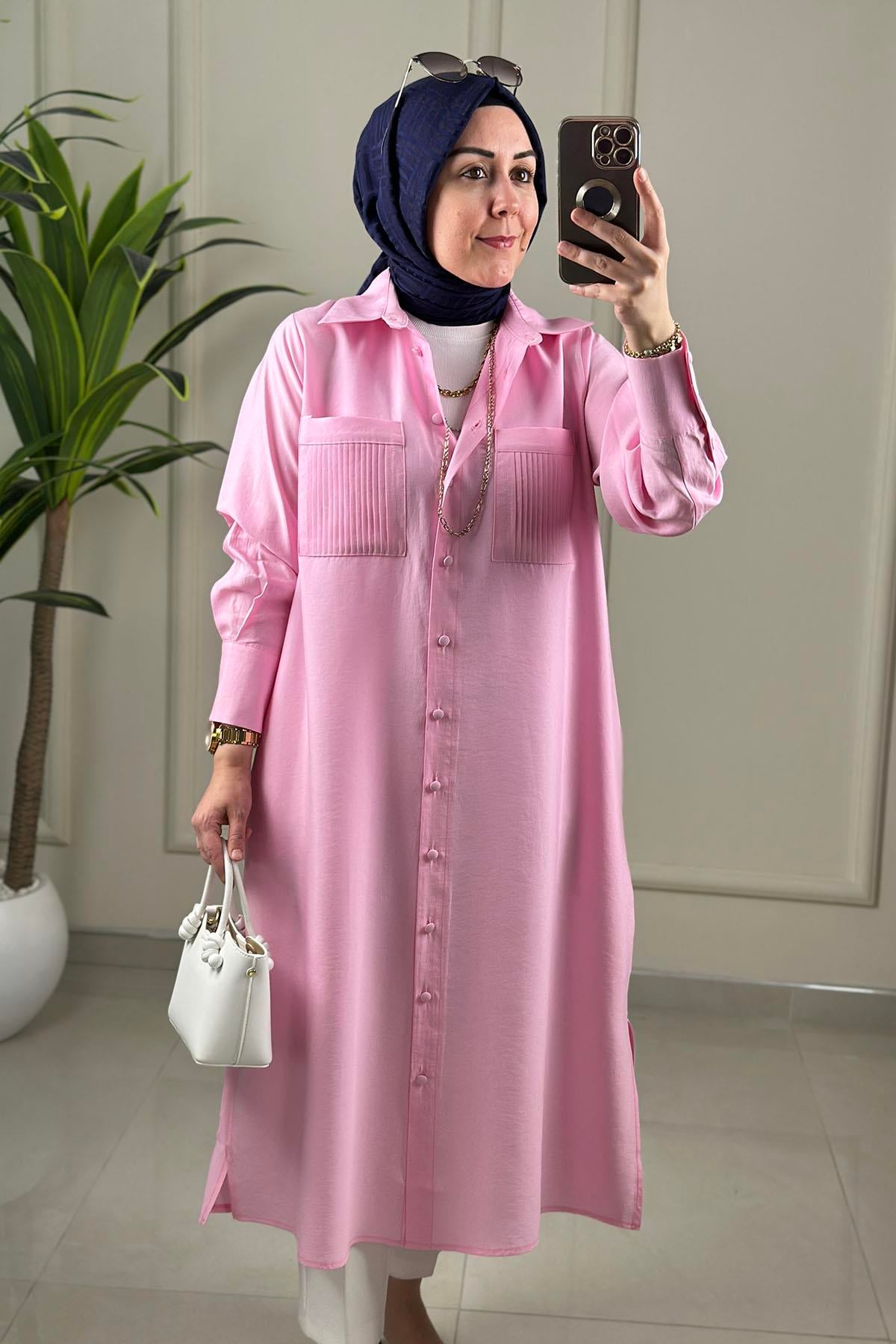Tesettür Tunik GömlekÖnü Düğmeli Cebi Nervürlü Modal Tensel Kadın Tunik Pembe EYL 2191