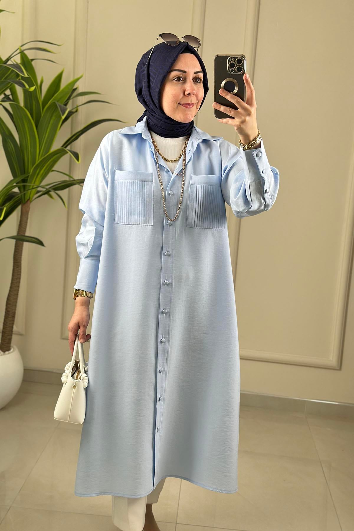 Tesettür Tunik GömlekÖnü Düğmeli Cebi Nervürlü Modal Tensel Kadın Tunik Mavi EYL 2191