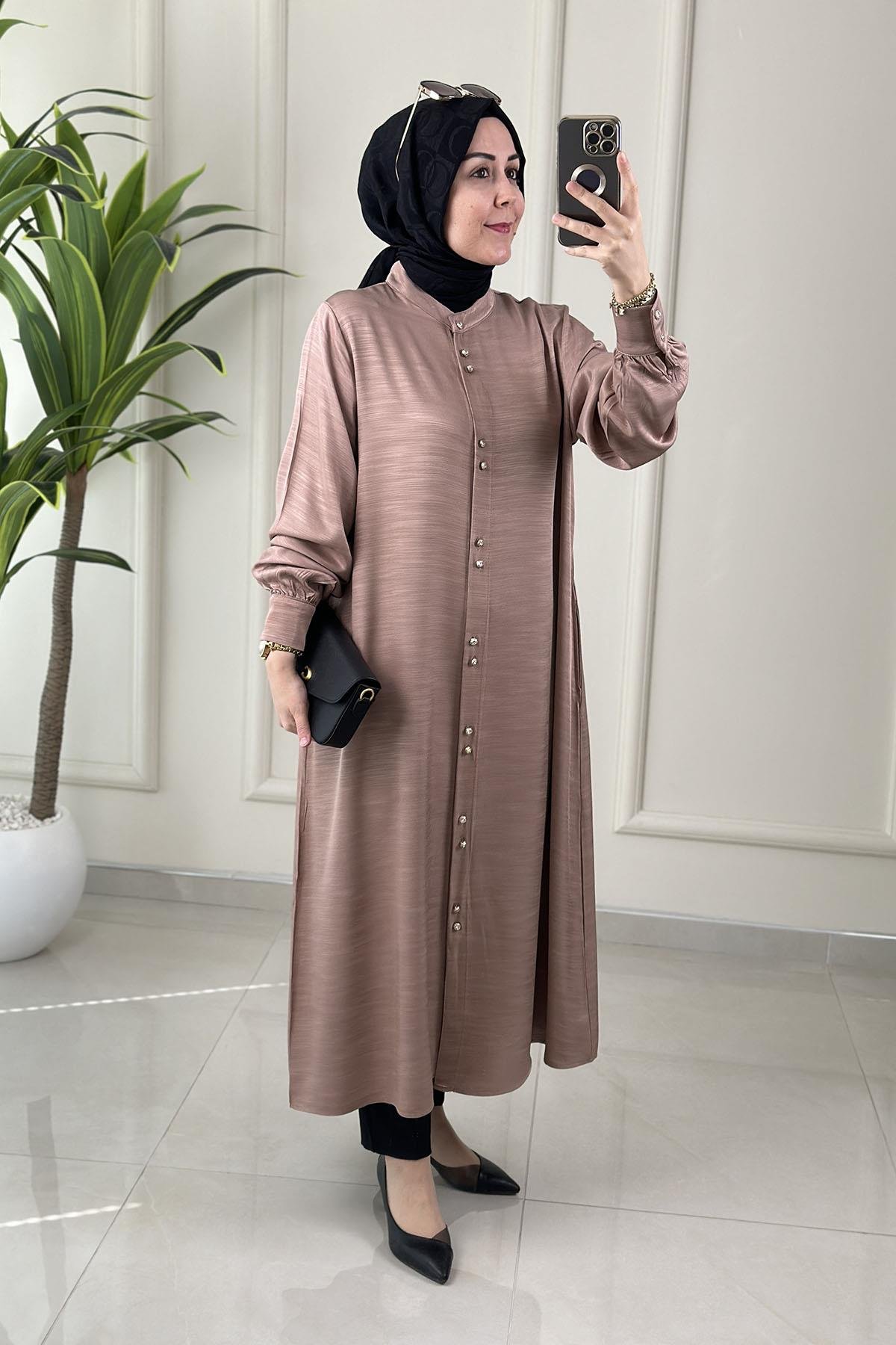 Tesettür Tunik GömlekÖnü Düğmeli Cepli Kadın Giyçık Tunik Vizon KADO 262430