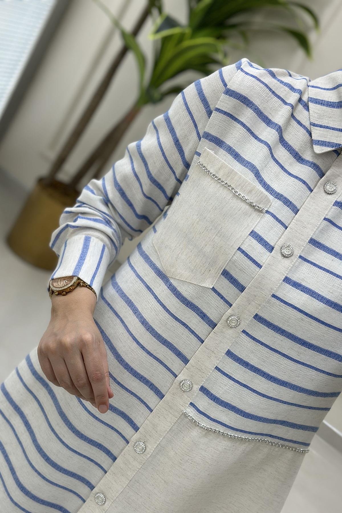 Tesettür Tunik GömlekÖnü Düğmeli Çizgi Desen Zincir İşleme Detaylı Kadın Tunik Mavi ESS 2142