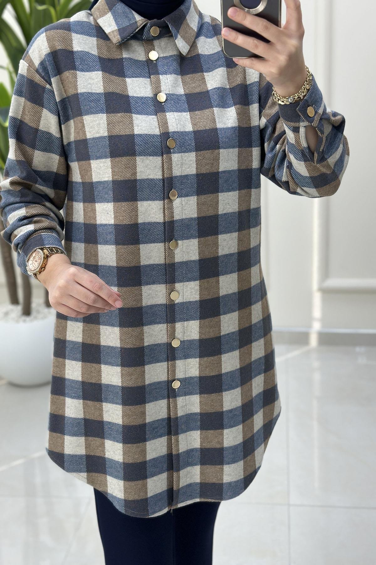 Tesettür Tunik GömlekÖnü Düğmeli Ekose Desen Kadın Örme Tunik İndigo ALS 5248