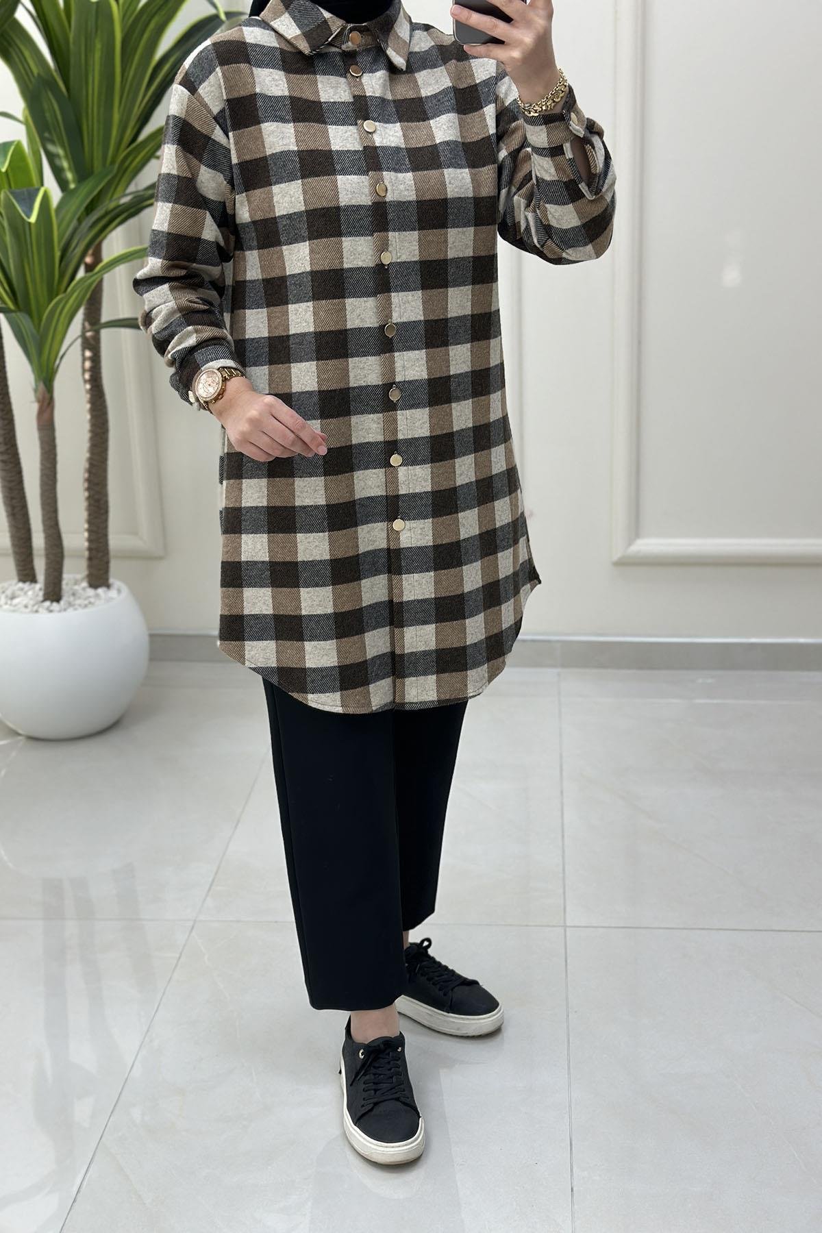 Tesettür Tunik GömlekÖnü Düğmeli Ekose Desen Kadın Örme Tunik Kahverengi ALS 5248